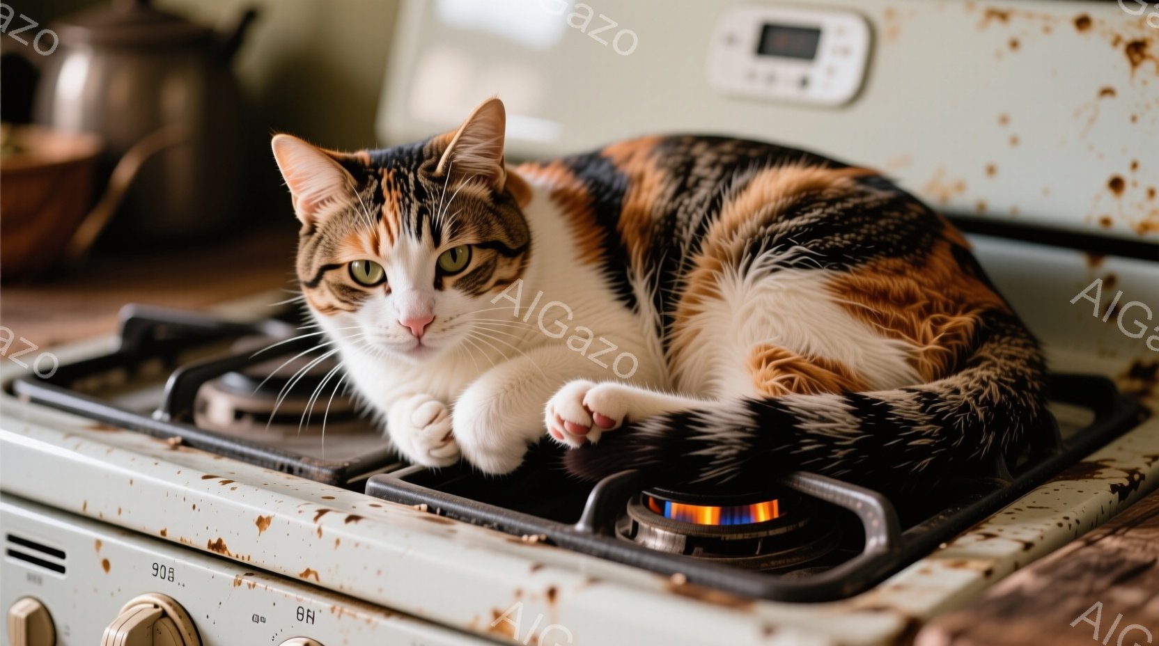 白いガスコンロに、三毛猫が体を横たえてリラックスしています。猫は片方の前足を揃えており、表情は穏やかで、まるで自分の場所を見つけたかのように見えます。コンロの周りには使用感が見られ、どこか懐かしい雰囲気のキッチンの一角を切り取った写真です。