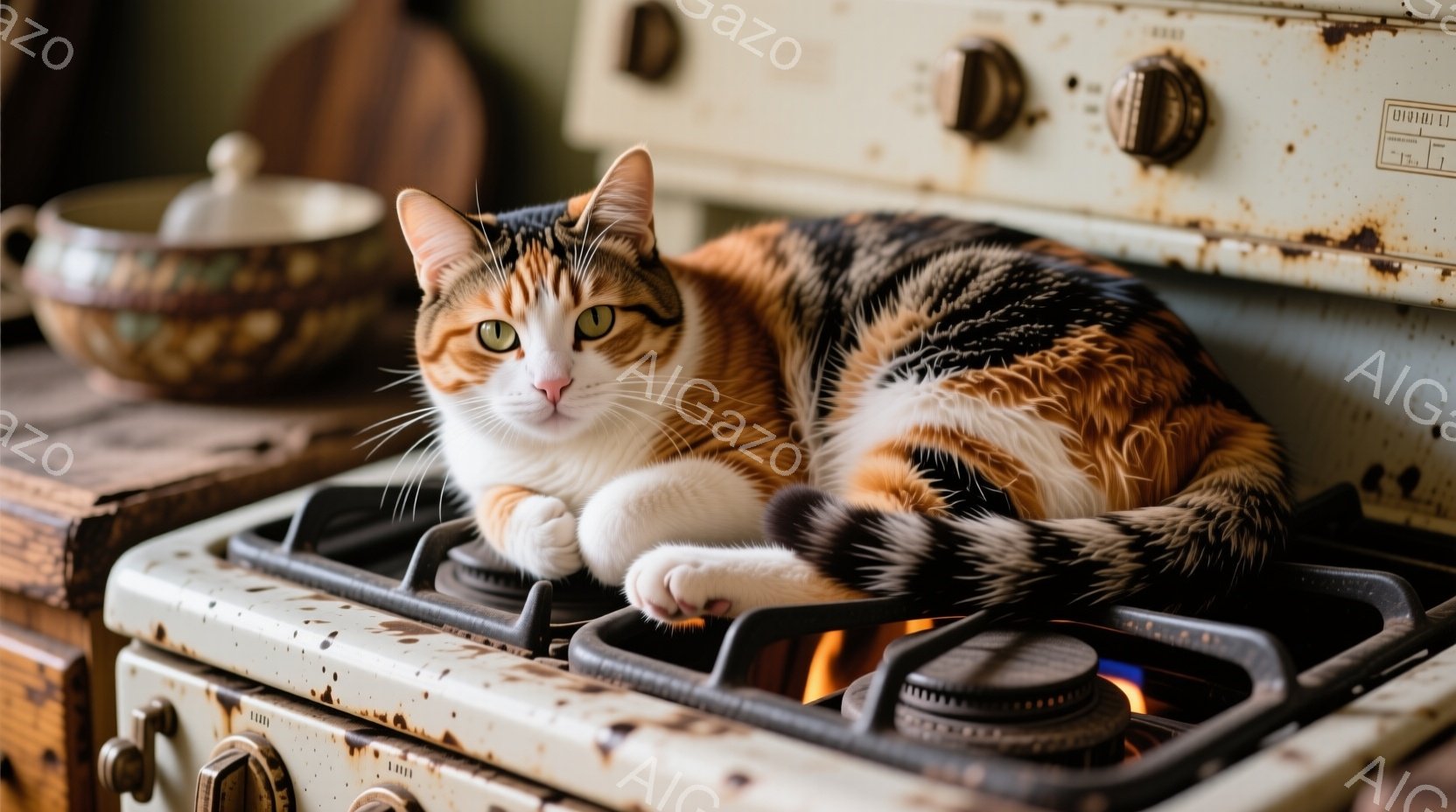 白とオレンジ色の斑点模様の猫が、古びたガスコンロのバーナーの上に仰向けに寝そべっています。猫はリラックスした表情で、片足をだらりと垂らしています。背景には陶器の壺が見え、全体的に暖かく、居心地の良い雰囲気です。