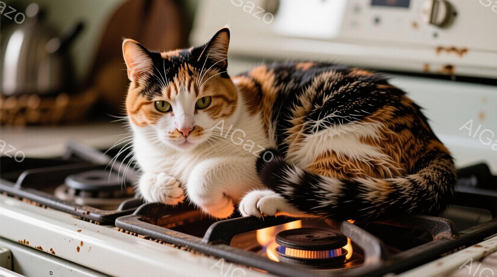 白を基調とした三毛猫が、点火されたガスレンジの上で丸くなって横たわっています。猫はリラックスした表情で、前足を揃えて控えめに座っており、明るい茶色と黒の毛並みが印象的です。背景にはキッチンの一部が見え、白を基調とした清潔感のある空間が広がっています。