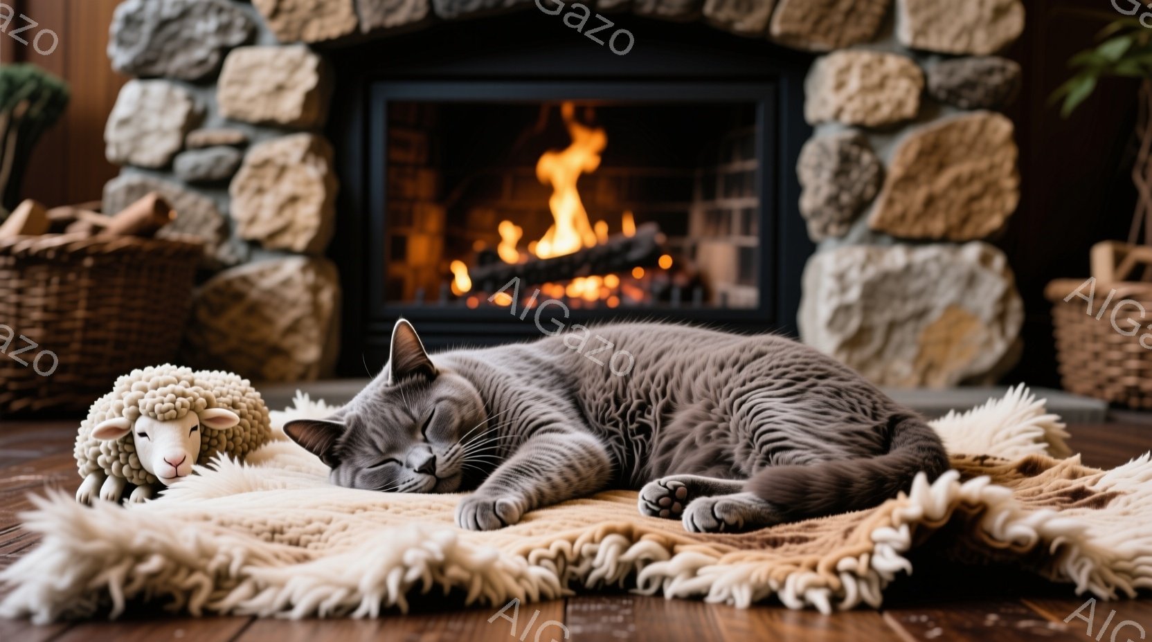 暖炉の前で、灰色の猫がふわふわのラグの上で目を閉じて横たわっています。その隣には白い羊のぬいぐるみが置かれ、リラックスした雰囲気を醸し出しています。背景には石造りの暖炉があり、炎が暖かく灯り、居心地の - AI生成フリー素材