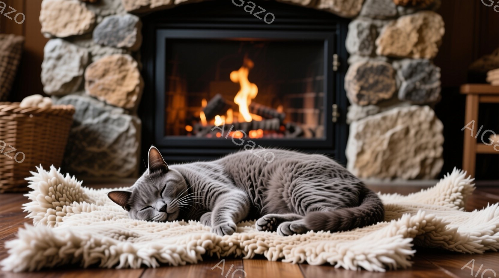 灰色の猫が、クリーム色のフワフワとしたラグの上で丸まって眠っています。背景には、暖炉があり、炎が燃え盛って温かい光を放っています。木製の床と石造りの暖炉の壁が、居心地の良い雰囲気を醸し出しています。