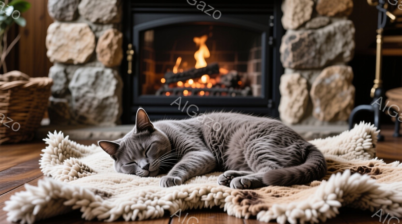 灰色がかった毛並みの猫が、オフホワイトのふわふわしたラグの上で丸まって眠っている。背景にはレンガ造りの暖炉があり、炎が暖かく輝いている。全体的に暖かく、居心地の良い、リラックスした雰囲気が漂っている。 - AI生成フリー素材