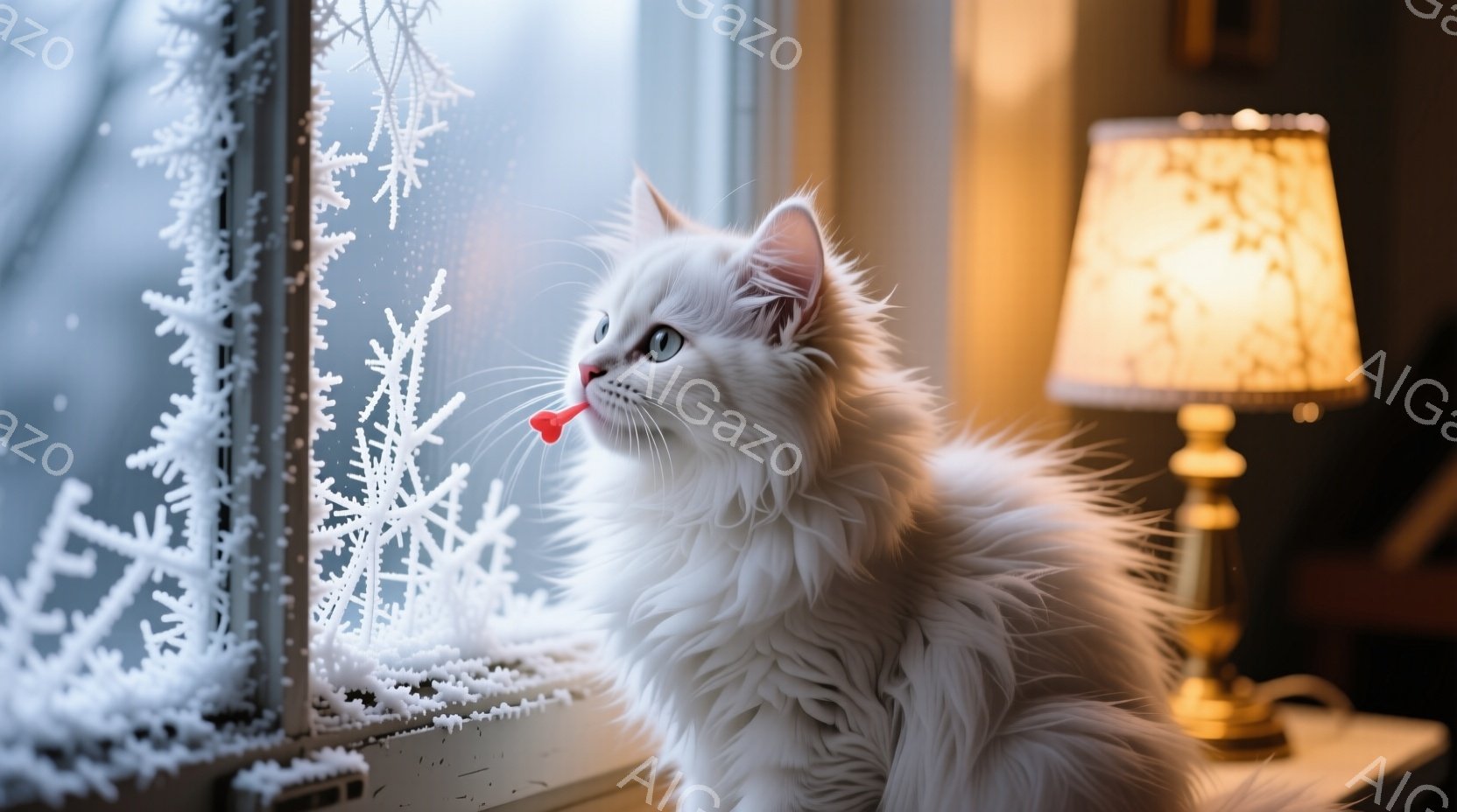 白いふわふわの猫が窓辺に座り、外の雪景色を眺めている。窓には霜が降りており、猫は小さなピンク色の鼻を窓ガラスに近づけている。背景には暖色のランプがぼんやりと見え、冬の静かで穏やかな雰囲気が漂っている。 - AI生成フリー素材