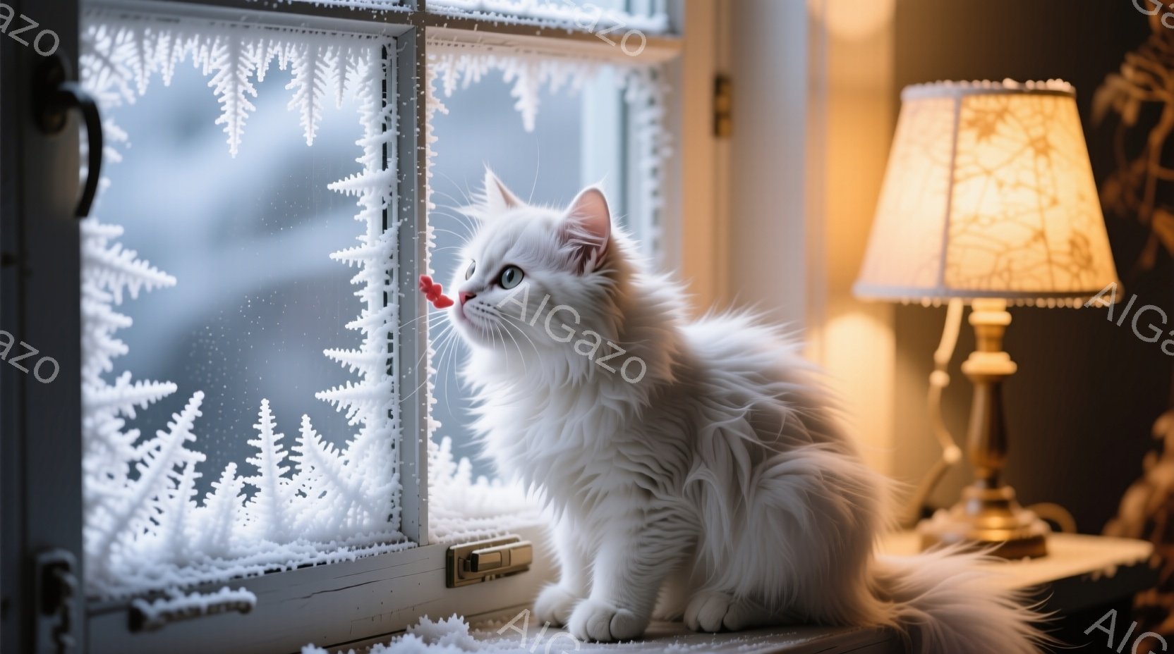 白い毛並みの猫が、霜で覆われた窓枠に座って外を見つめている。猫は少し鼻をピンク色に冷やし、興味深そうに雪景色を眺めているようだ。背景にはぼやけた雪景色と、暖色のテーブルランプが見え、冬の穏やかで温かい - AI生成フリー素材