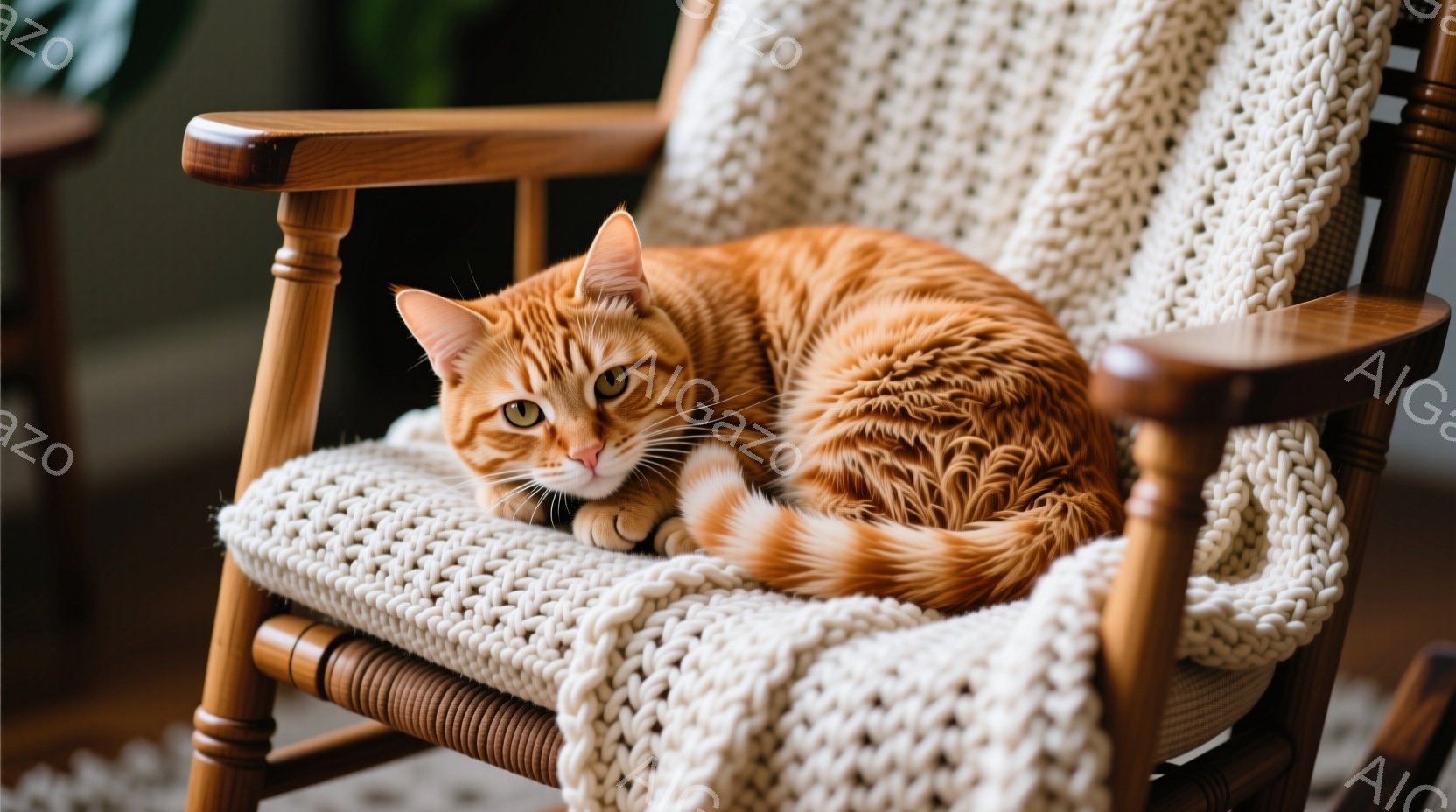鮮やかなオレンジ色の毛並みの猫が、手編みのクリーム色のブランケットがかけられたロッキングチェアに丸まって横たわっています。猫はリラックスした表情で、穏やかな眼差しで正面を見ています。背景はぼやけていま - AI生成フリー素材