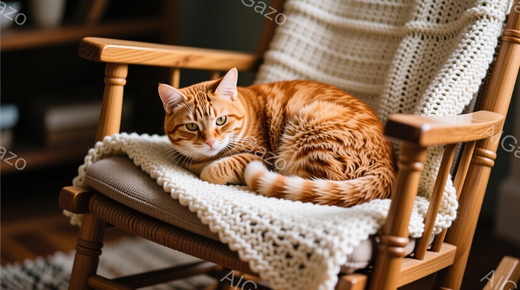 鮮やかなオレンジ色の縞模様の猫が、木製のロッキングチェアにゆったりと横たわっています。オフホワイトの編み物のようなブランケットが椅子の背もたれにかけられ、猫の体を優しく包み込んでいます。背景はぼやけて - AI生成フリー素材