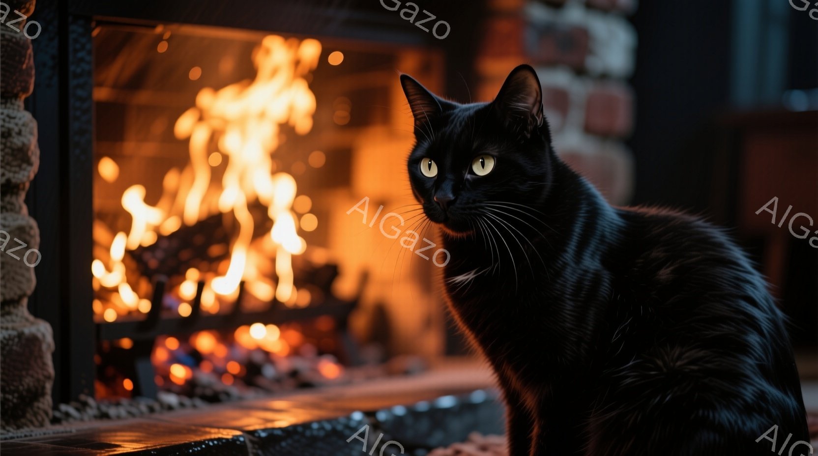 黒猫が暖炉の前で座っており、鋭い黄色い目でカメラを見つめている。猫の毛並みは光沢があり、落ち着いた雰囲気の中で、暖炉の炎が背景を暖かく照らしている。暖炉の周りは石造りで、部屋全体が温かく居心地の良い空間を演出している。