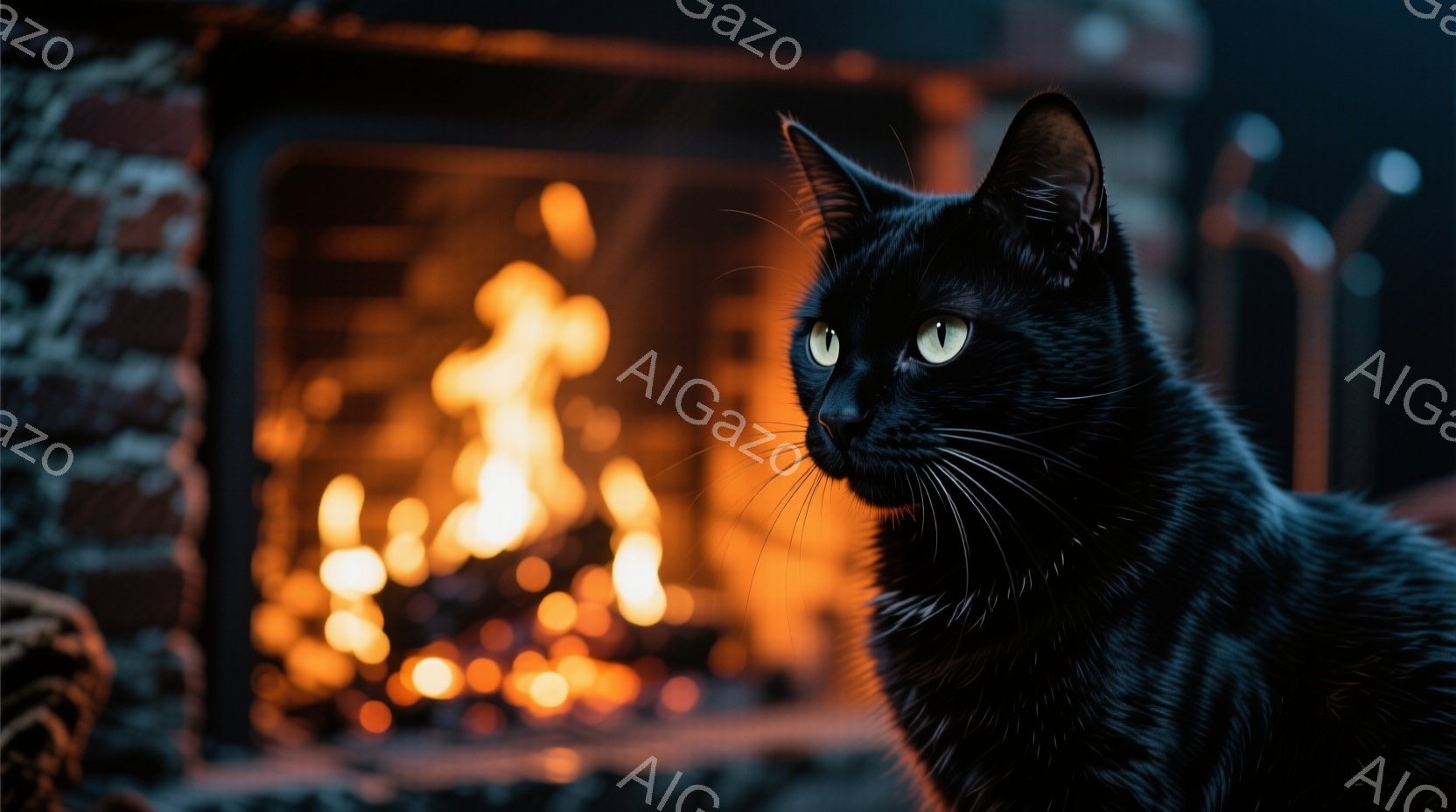黒い毛並みの猫が、わずかに右を向いてこちらを見ている。猫の瞳は鮮やかな緑色で、長いひげが特徴的だ。背景には暖炉があり、炎がぼんやりと光を放ち、猫のシルエットを際立たせている。