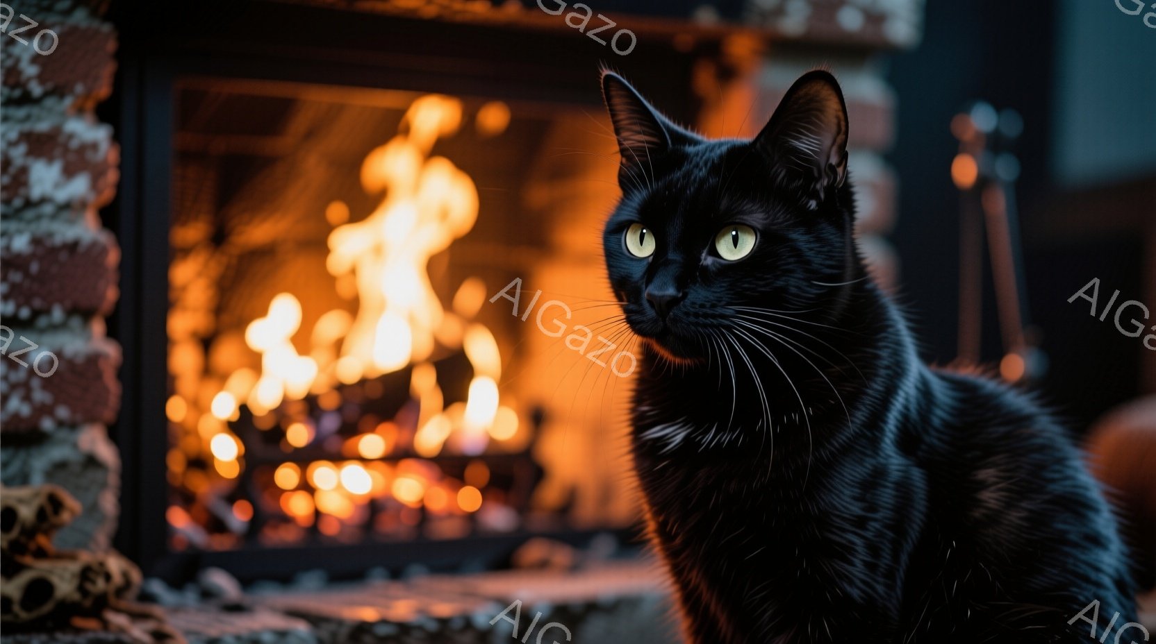 黒猫が暖炉のそばに座り、鋭い緑色の目でこちらを見ている。猫の毛並みは艶やかで、光沢があり、背景の燃え盛る暖炉のオレンジ色の炎とのコントラストが美しい。暖炉のレンガ造りの壁と、ぼんやりと見えるほうきが、 - AI生成フリー素材