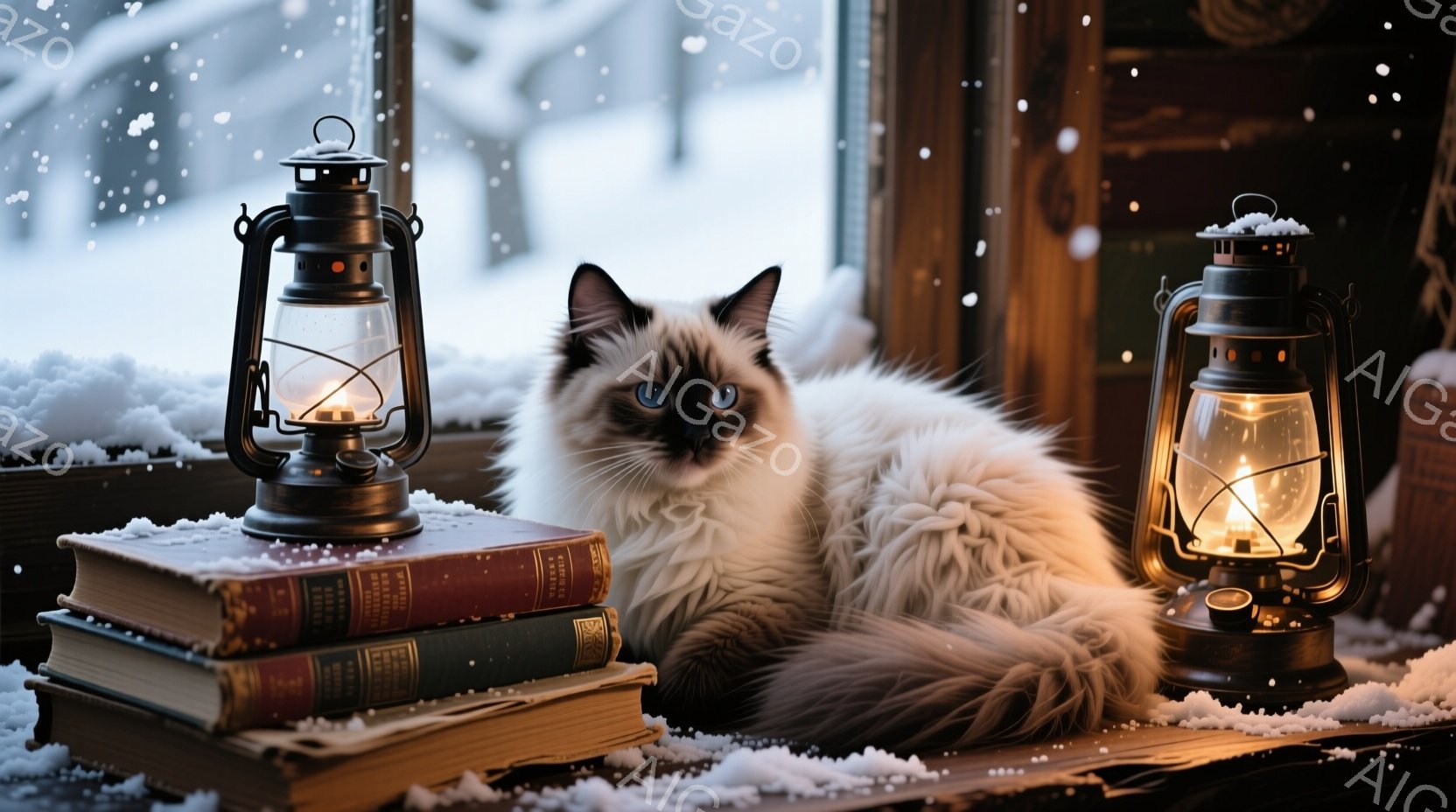 窓辺に、クリーム色の長毛猫が古書の上に丸まって座っています。猫は青い瞳でカメラを見つめ、静かで穏やかな表情を浮かべています。外は雪が降り積もり、暖かく居心地の良い冬の雰囲気を醸し出しています。