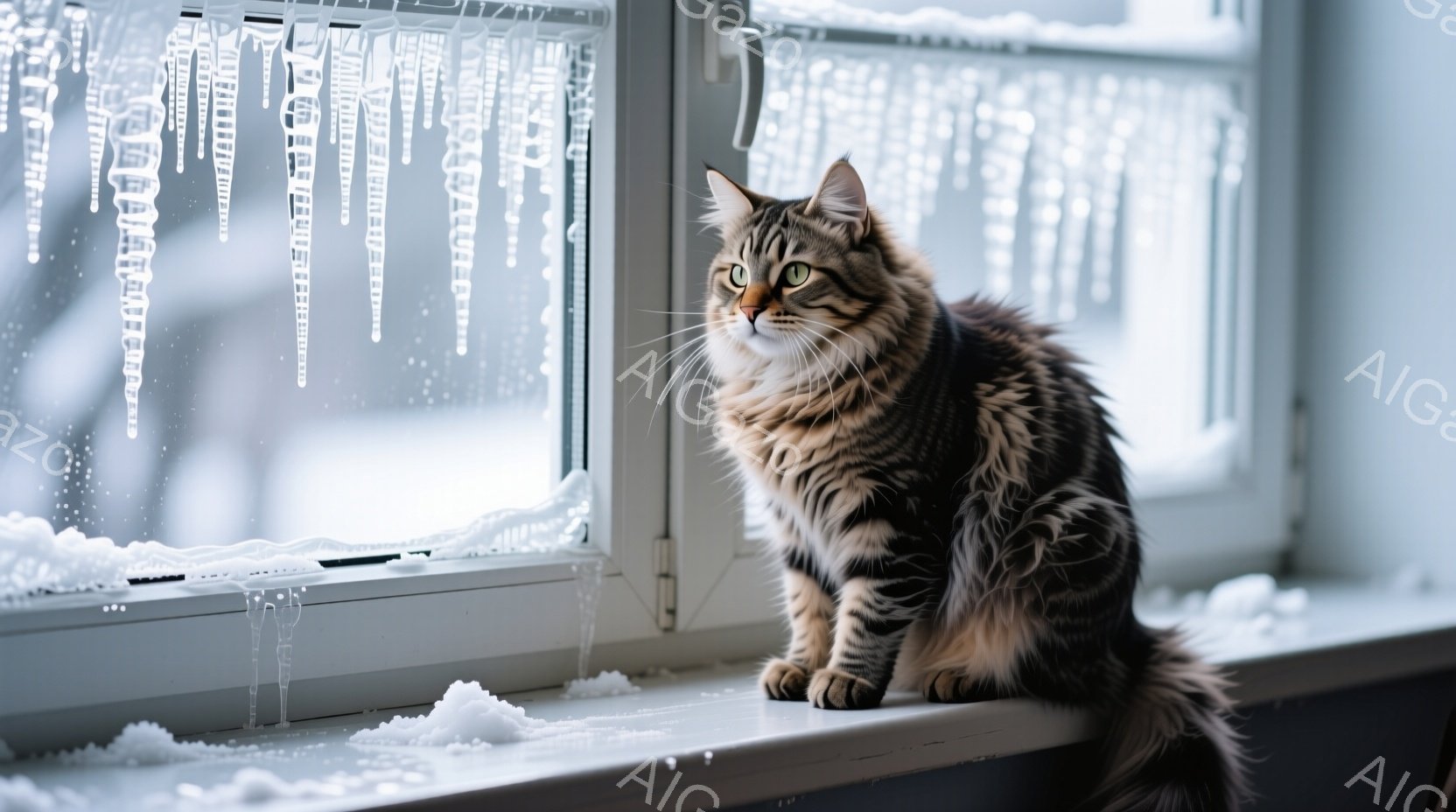 長毛の縞模様の猫が、霜で覆われた窓枠に座って外を眺めている。猫は警戒心と好奇心を持って遠くを見つめ、毛並みはふさふさとしており、冬の寒さをしのいでいるようだ。背景には雪景色が広がり、凍てつくような冬の - AI生成フリー素材