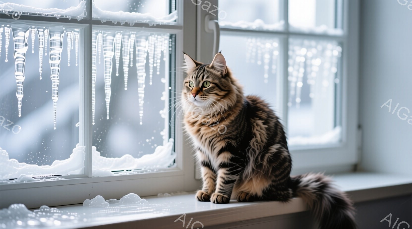 縞模様の猫が窓辺に座っており、外を見つめている。窓には氷柱が垂れ下がっており、背景には雪が降る白くぼやけた風景が広がっている。猫は落ち着いた様子で、冬の静寂と寒さを感じさせる雰囲気である。 - AI生成フリー素材