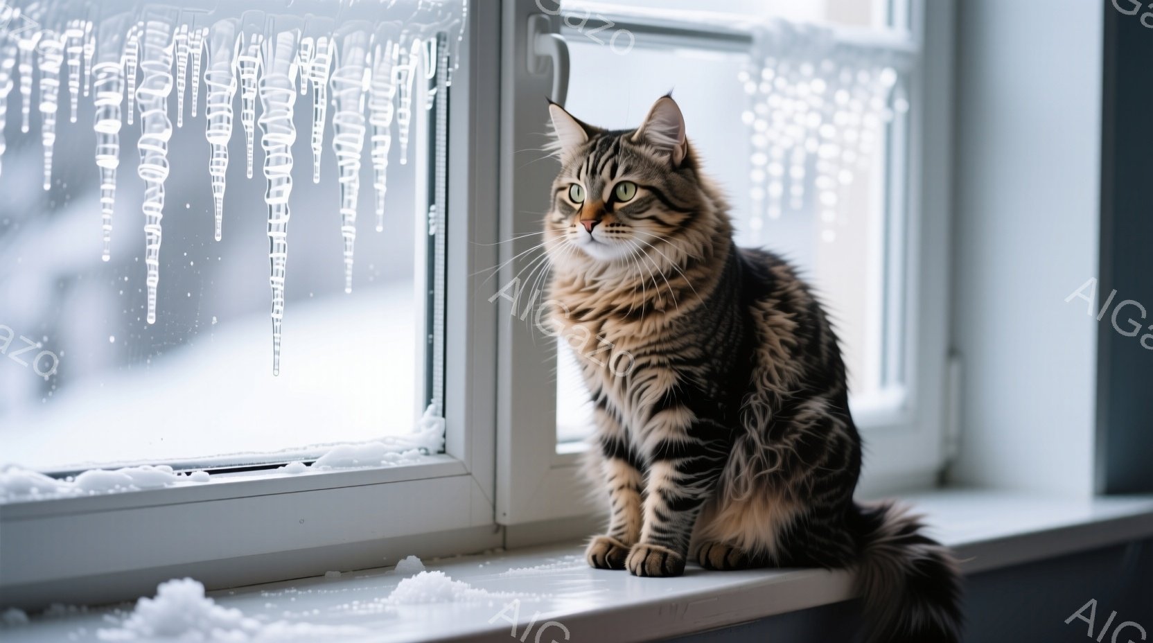 白い窓枠に、縞模様の毛並みを持つ長毛の猫が座って外を見つめている。窓ガラスには霜が降りており、背景には雪景色が広がっている。猫は優雅な姿勢で、少し物憂げな表情で遠くを見つめているようだ。 - AI生成フリー素材