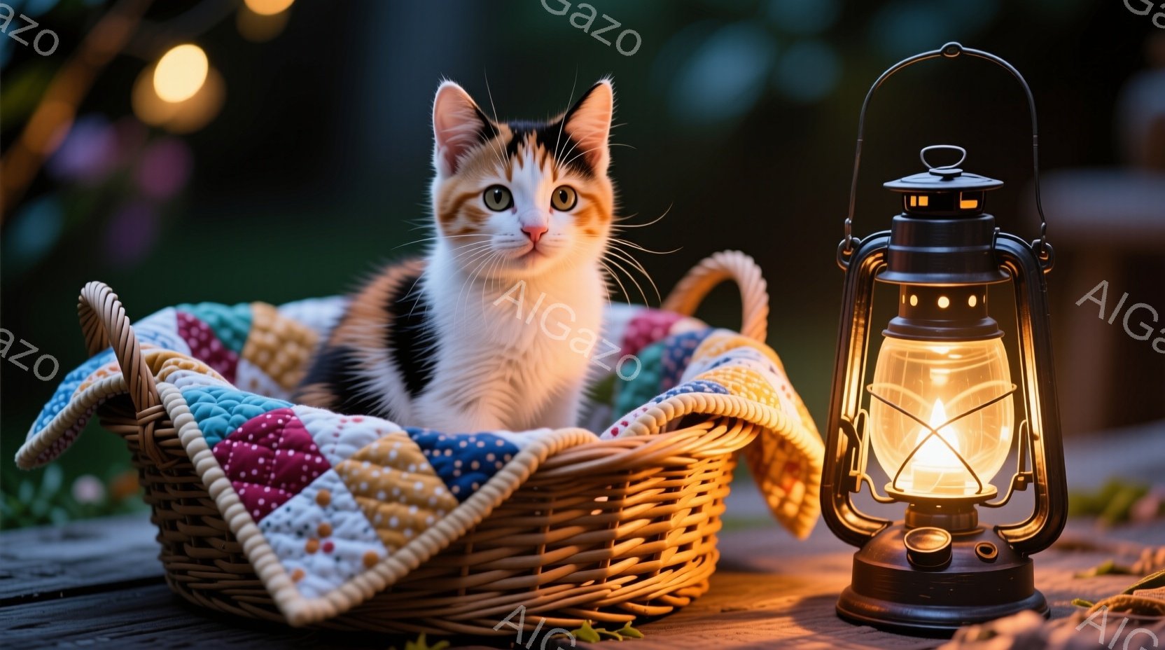 白、黒、オレンジのまだら模様の猫が、カラフルなパッチワークのブランケットが敷かれた柳の籠の中に丸まって座っています。籠は木製のデッキに置かれ、背景にはぼやけた緑の植物と、暖かい光を放つ灯りが散りばめられています。 全体的に、暖かく、居心地の良い、そして静かな雰囲気です。
