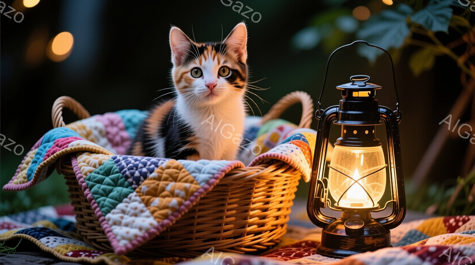 白と黒のまだら模様の小さな猫が、カラフルな編み物の毛布が敷かれた柳の籠の中に丸まって座っています。猫は大きな緑色の目をしており、好奇心と穏やかさを示す表情をしています。背景にはぼやけた緑の葉っぱと、暖かい光を放つランタンがあり、全体的に穏やかで心地よい雰囲気を醸し出しています。
