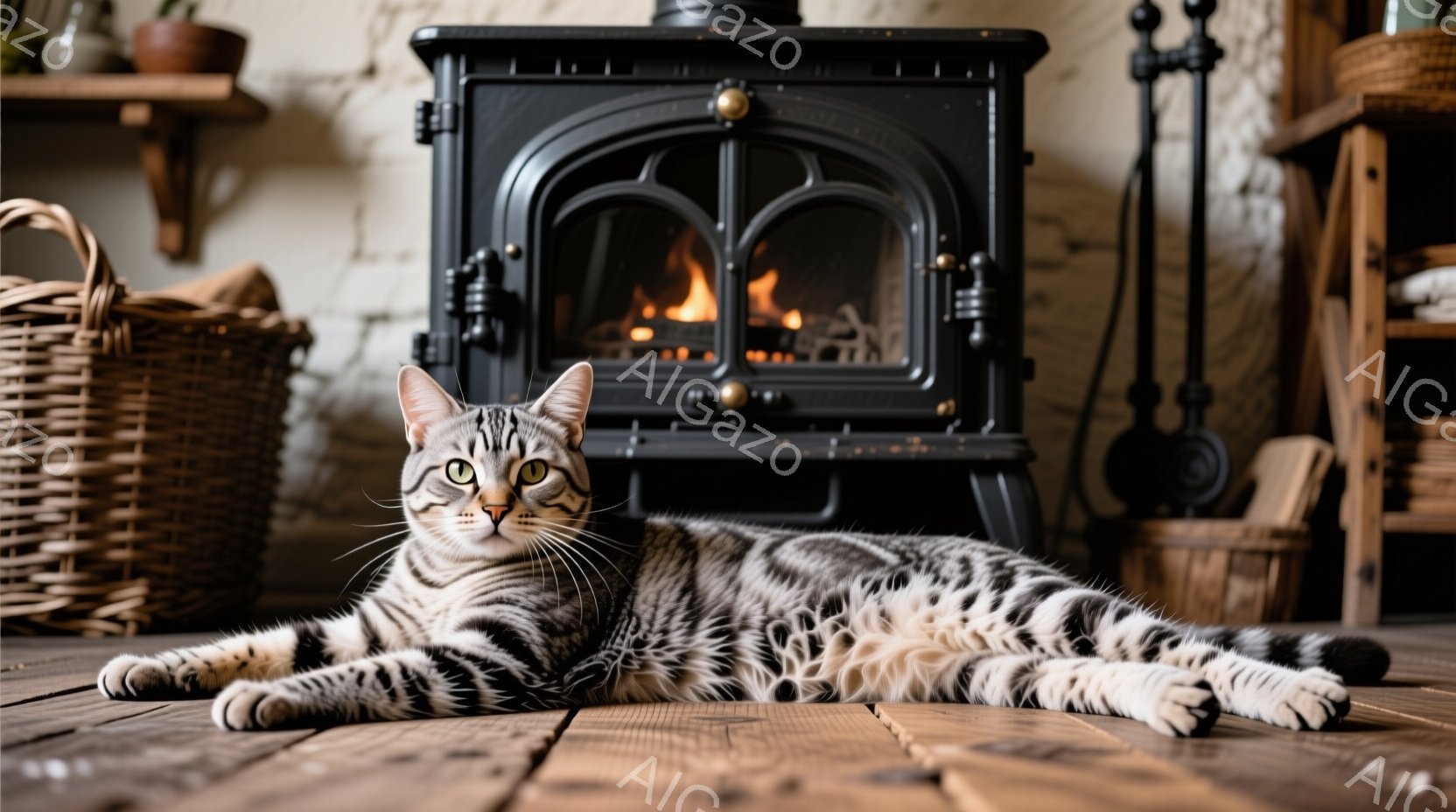 縞模様の猫が木の床に横たわり、カメラの方をじっと見つめています。背後には黒い暖炉があり、暖かくオレンジ色の炎が燃え盛っています。部屋全体は素朴で温かい雰囲気で、籐製のバスケットや薪が置かれた棚がその雰囲気を引き立てています。
