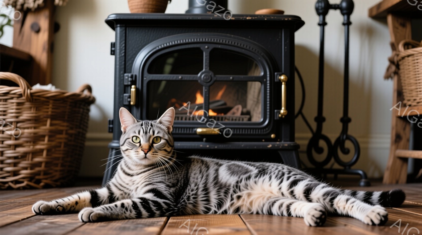縞模様の猫が木製の床に横たわっており、リラックスした様子で正面を見つめている。背景には黒い暖炉があり、炎が灯っており、そばには籐製のバスケットや暖炉用具が置かれている。暖炉と猫の対比が暖かく心地よい室 - AI生成フリー素材