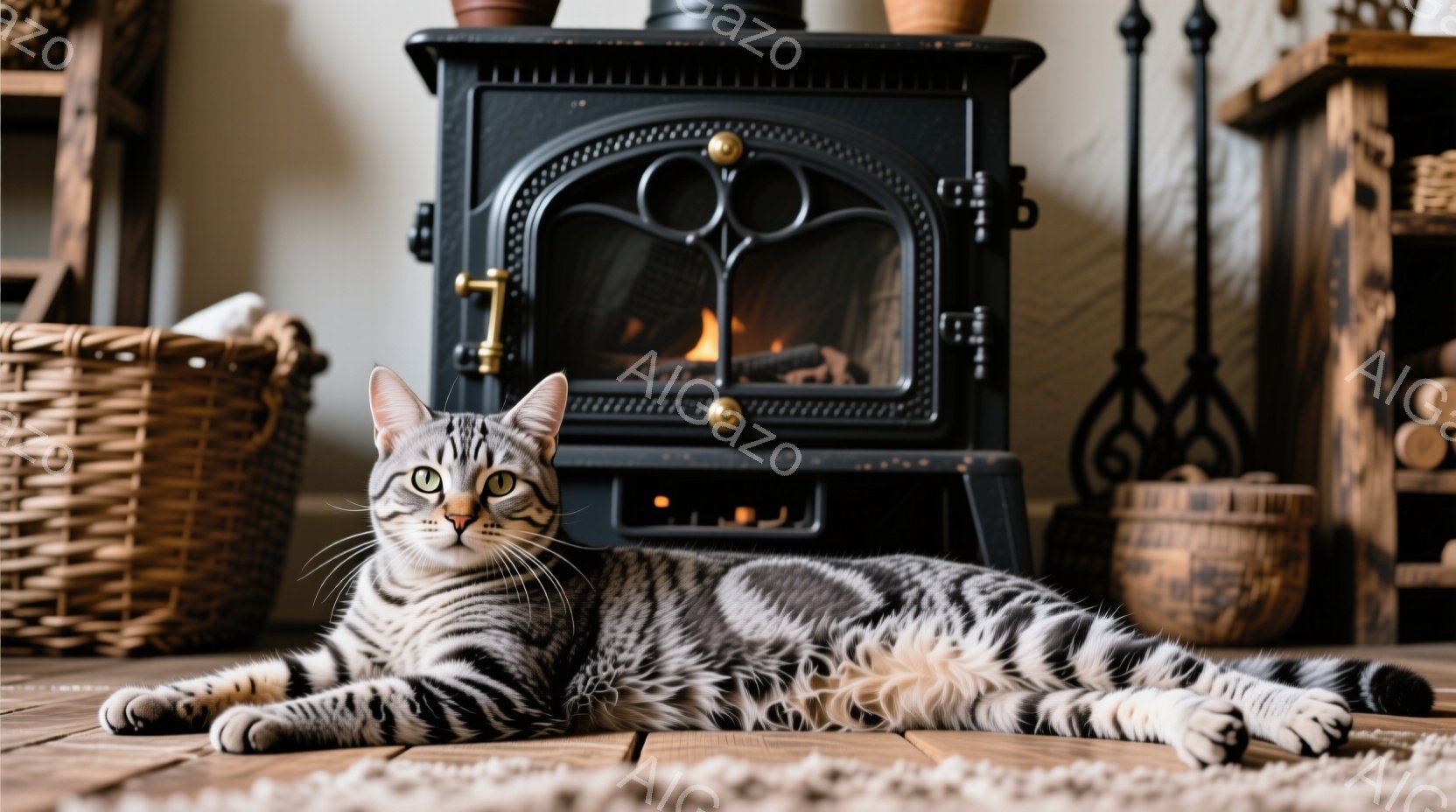 縞模様の猫が木製の床に横たわっており、リラックスした表情でこちらを見ている。背景には黒い暖炉があり、火が燃え、その周りには籐のバスケットや薪が置かれている。全体的に暖かく落ち着いた雰囲気で、猫がくつろ - AI生成フリー素材
