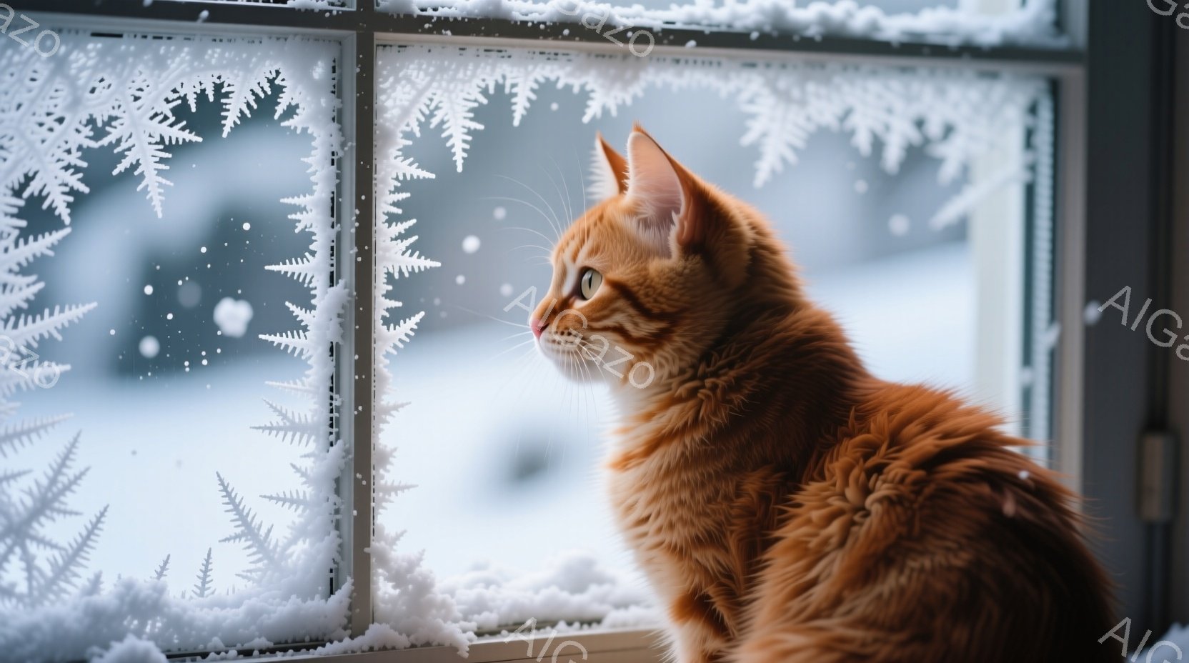 鮮やかなオレンジ色の毛並みの猫が、雪で覆われた窓の外を見つめている。猫は横向きで、少し上を見上げ、まるで何かを待っているかのような表情をしている。窓の外は雪景色で、繊細な雪の結晶がガラスに張り付いている様子が、冬の静けさを示唆している。