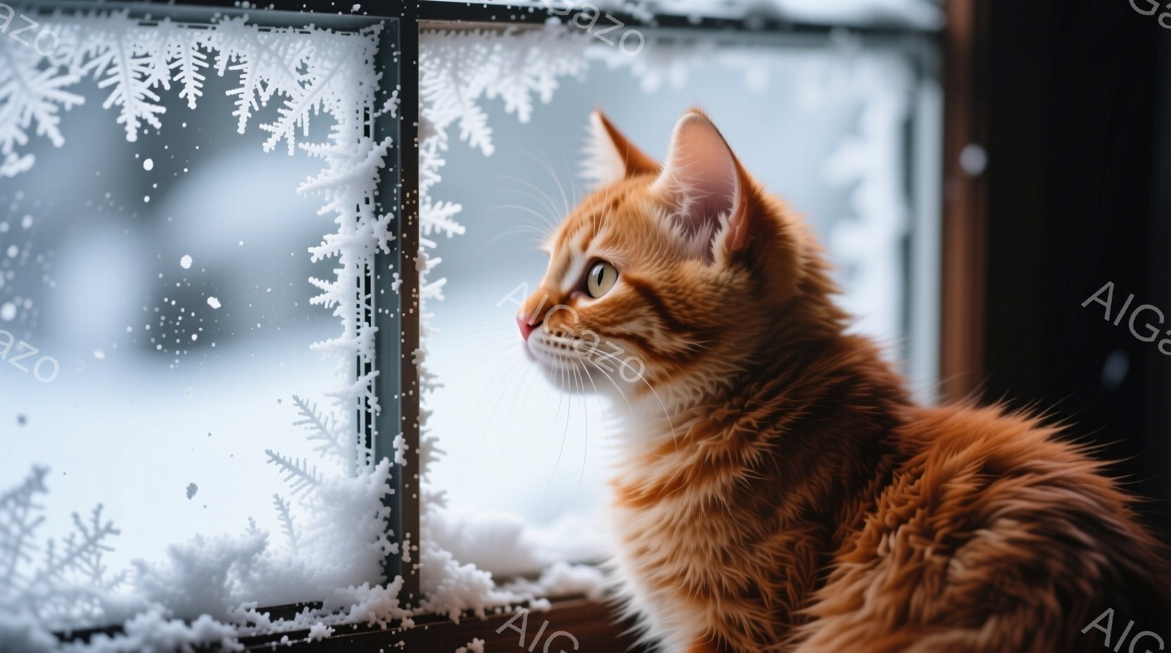 鮮やかなオレンジ色の毛並みを持つ猫が、雪の結晶で覆われた窓の外をじっと見つめている。猫は横向きで、やや上目遣いをしており、冬の景色に興味津々な表情を見せている。背景は白く雪景色が広がり、窓枠の木製の色合いが暖かさを添えている。