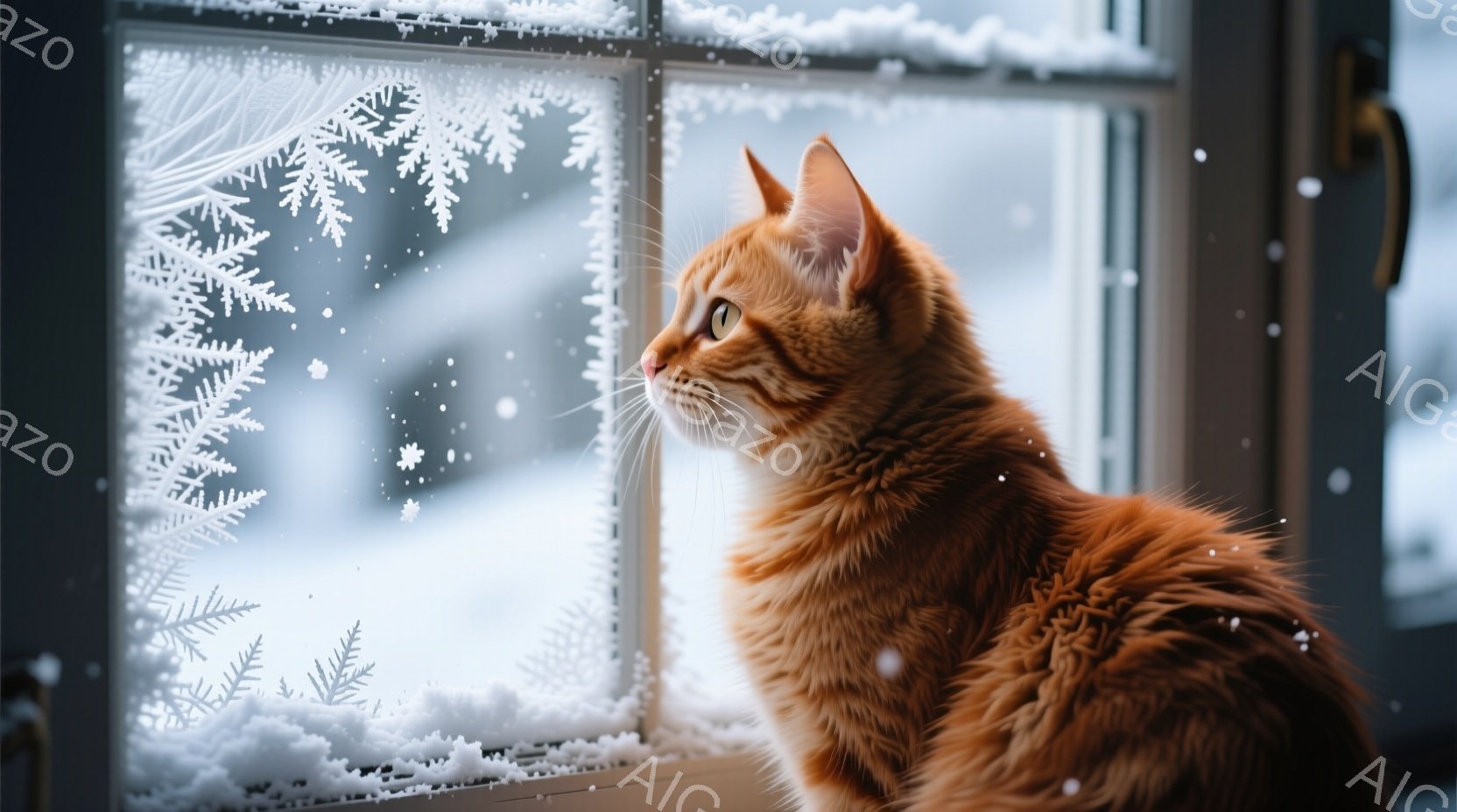 暖炉のような赤褐色の毛並みの猫が、雪景色を眺めています。窓ガラスには繊細な雪の結晶が描かれており、猫は窓枠に寄り添うように座り、遠くを見つめています。背景は雪景色で、全体的に静かで冬らしい雰囲気です。 - AI生成フリー素材