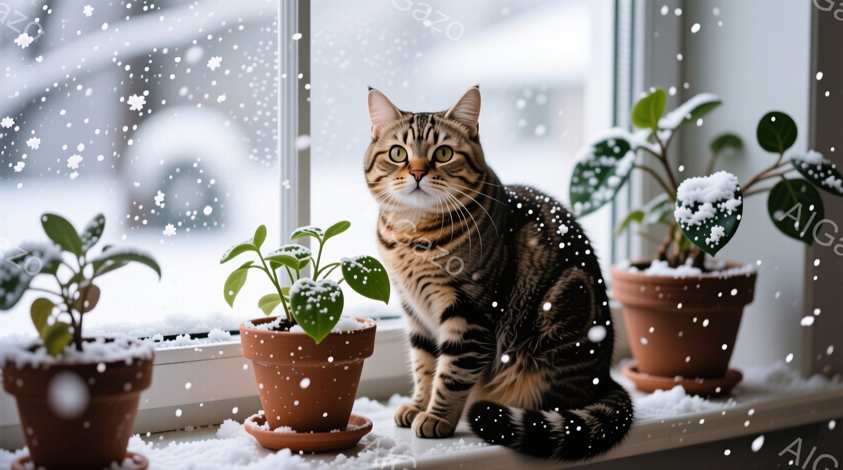 縞模様の猫が窓辺に座り、外の雪景色を眺めています。窓枠には雪が積もり、テラコッタの鉢に入った植物が並んでいます。全体的に、冬の穏やかな暖かさと猫の静かな佇まいが感じられる、安らぎのある雰囲気です。