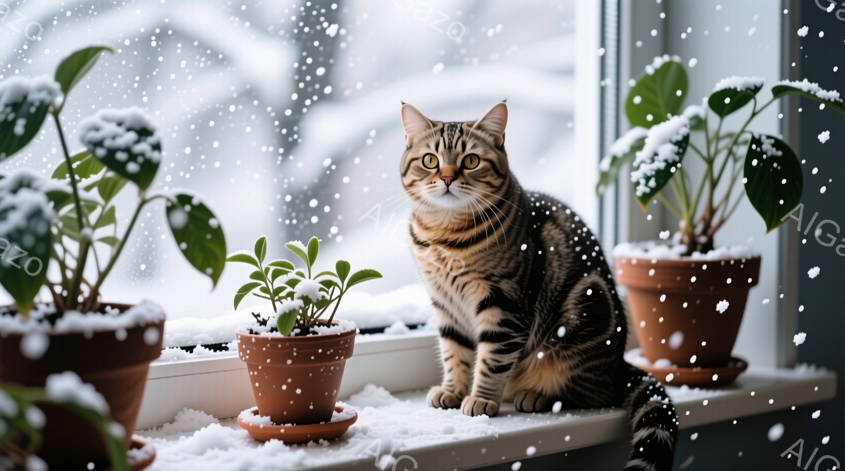 白い窓辺に、縞模様の茶色の猫が座っています。猫は前をまっすぐ見ており、少し警戒しているような表情をしています。背景には雪が降っており、鉢植えの植物が猫の周りに置かれています。