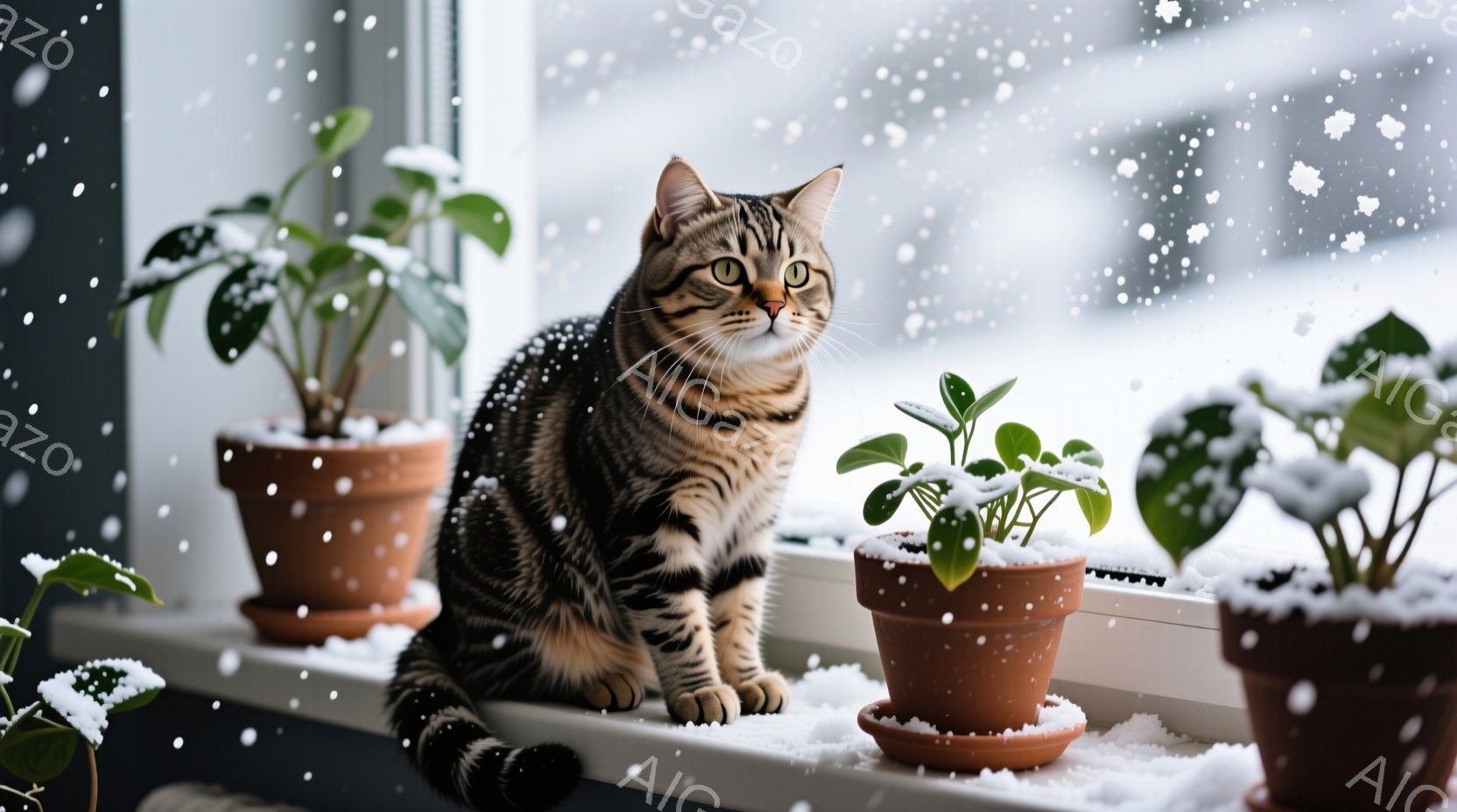 縞模様の猫が窓辺に座り、正面を見つめている。周りにはテラコッタの鉢に入った植物が置かれ、窓の外は雪が降っている様子が伺える。暖かく穏やかな室内と、雪景色が対照的で、リラックスした雰囲気が漂う。