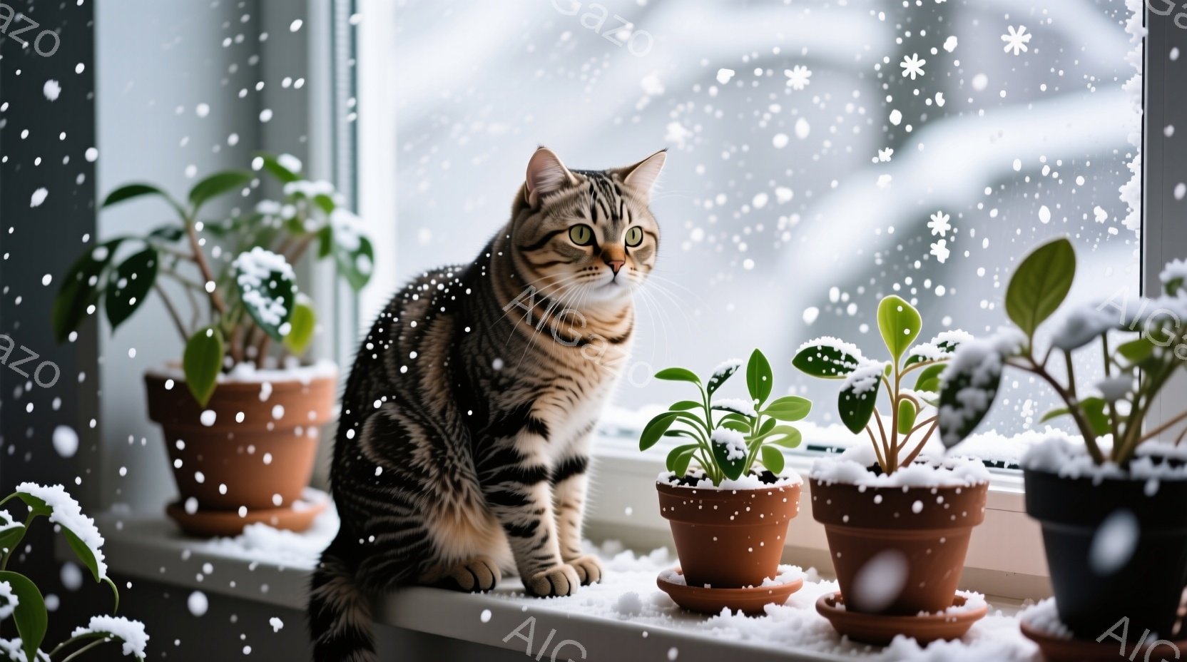 縞模様の猫が窓辺に座り、外を眺めています。窓の外は雪が降り積もり、植物が置かれた窓枠には雪が積もっています。暖かく穏やかな室内との対比が、静かで冬らしい雰囲気を醸し出しています。