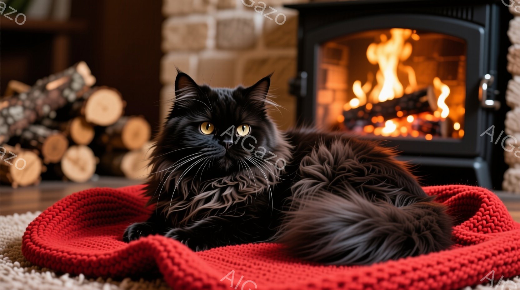 黒い毛並みの長い毛を持つ猫が、赤い編み物のブランケットの上にゆったりと横たわっています。猫は正面を見つめ、少し憂いを帯びた表情を浮かべており、その毛並みは光を受けて艶やかに輝いています。背景には暖炉があり、炎が燃え盛り、部屋全体を温かい雰囲気で包み込んでいます。