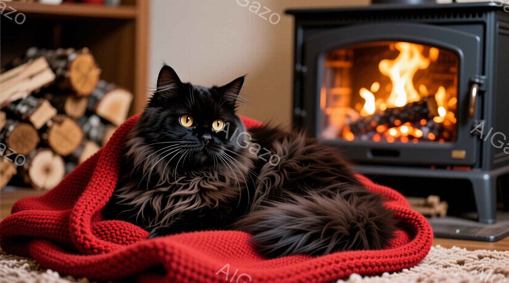 黒い毛並みの長い毛を持つ猫が、赤い編み物のブランケットに包まれてリラックスして横たわっています。猫の目は鮮やかな黄色で、穏やかで満足そうな表情をしています。背景には、暖炉と薪が積まれたスペースがあり、全体的に暖かく心地よい雰囲気を醸し出しています。