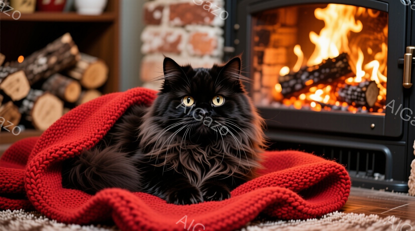 黒い毛並みの長い毛を持つ猫が、赤い編み物のブランケットに包まれて座っています。猫は正面を見ており、落ち着いた表情を浮かべています。背景には暖炉があり、燃え盛る炎が猫の暖かさを引き立てています。