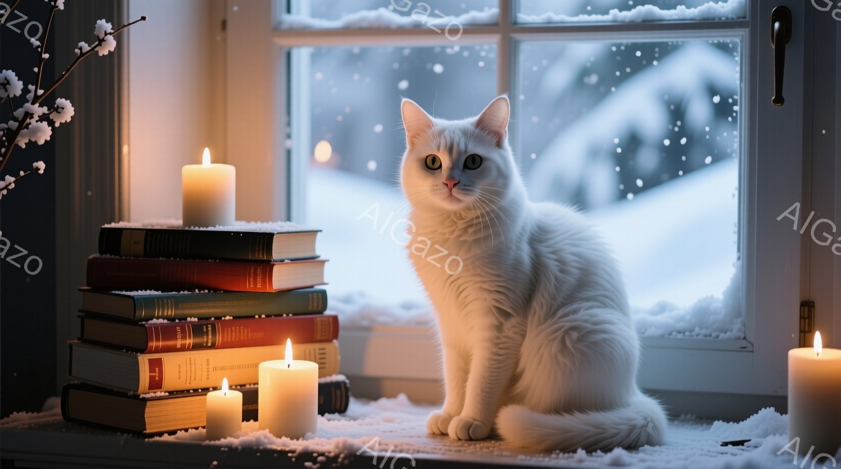 白い猫が窓辺に座り、正面を見つめている。窓の外は雪景色で、積み上げられた本と点灯したキャンドルが暖かく穏やかな雰囲気を醸し出している。雪が窓枠に積もり、冬の静寂と安らぎを感じさせる光景である。 - AI生成フリー素材
