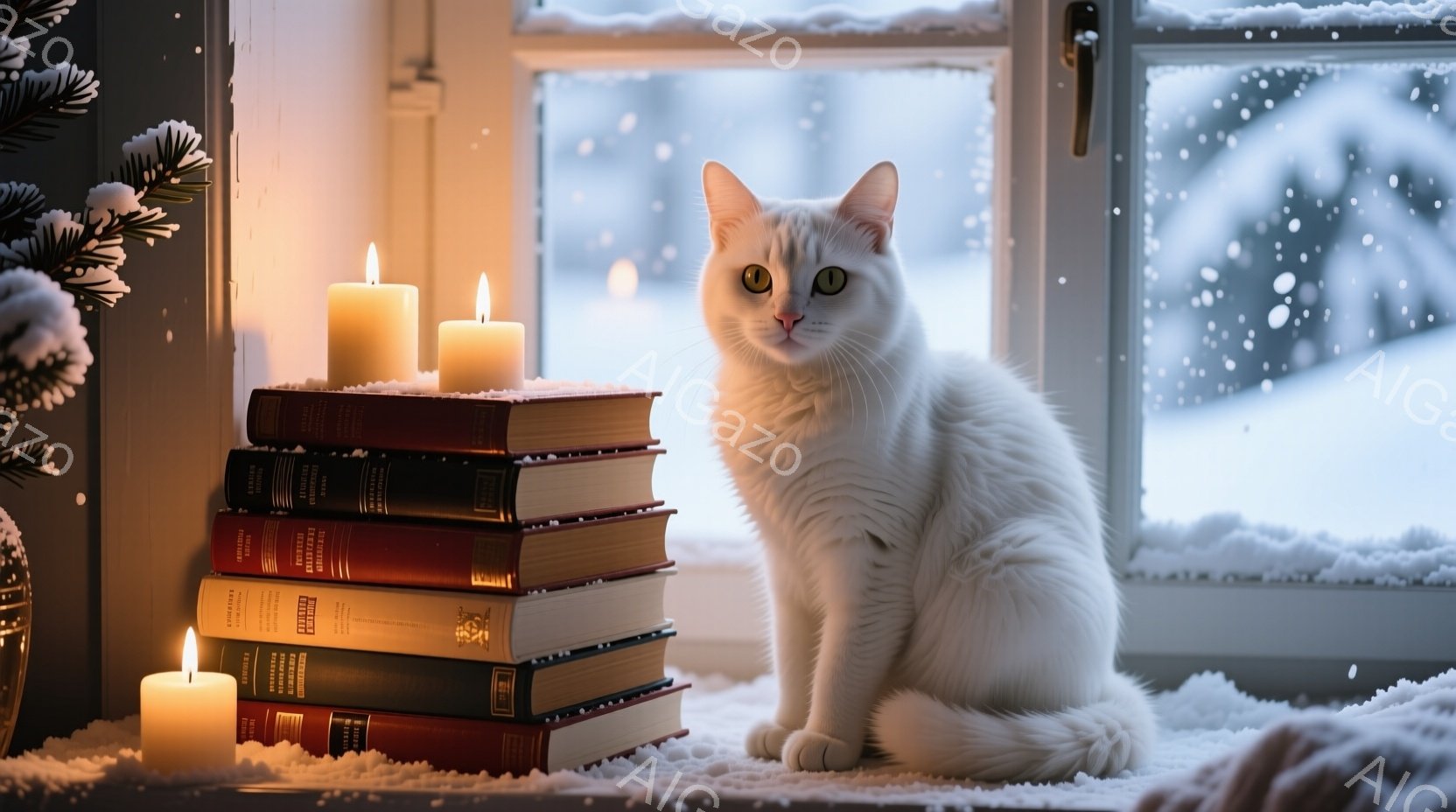白い猫が積み重ねられた赤い表紙の本の上に座っており、穏やかな表情で正面を見つめている。窓の外には雪景色が広がり、白い毛布のようなものが窓枠に散らばっている。ろうそくが本のそばに置かれ、暖かく、落ち着い - AI生成フリー素材