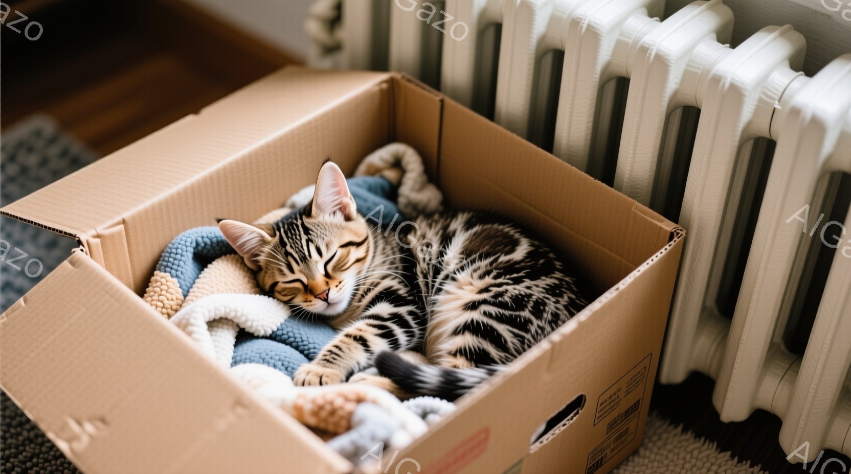 小柄な縞模様の猫が、段ボール箱の中で丸まって眠っています。箱の中には、青やクリーム色の柔らかい衣類が詰め込まれ、猫はそれらを枕のように使っているようです。背景には、白いラジエーターが見え、全体的に暖かく、リラックスした雰囲気が漂っています。
