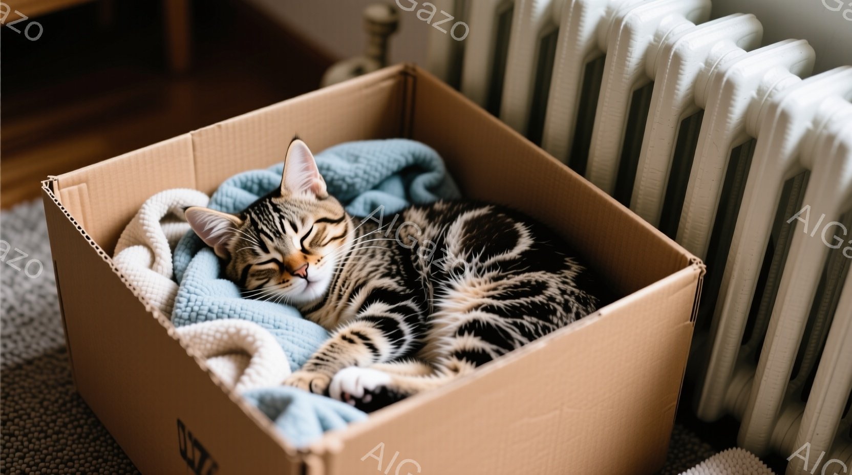 縞模様の猫が段ボール箱の中で丸まって眠っています。猫はリラックスした様子で、青いタオルが敷かれた箱の中で安心しているようです。背景には白いラジエーターが見え、室内で穏やかな雰囲気が漂っています。