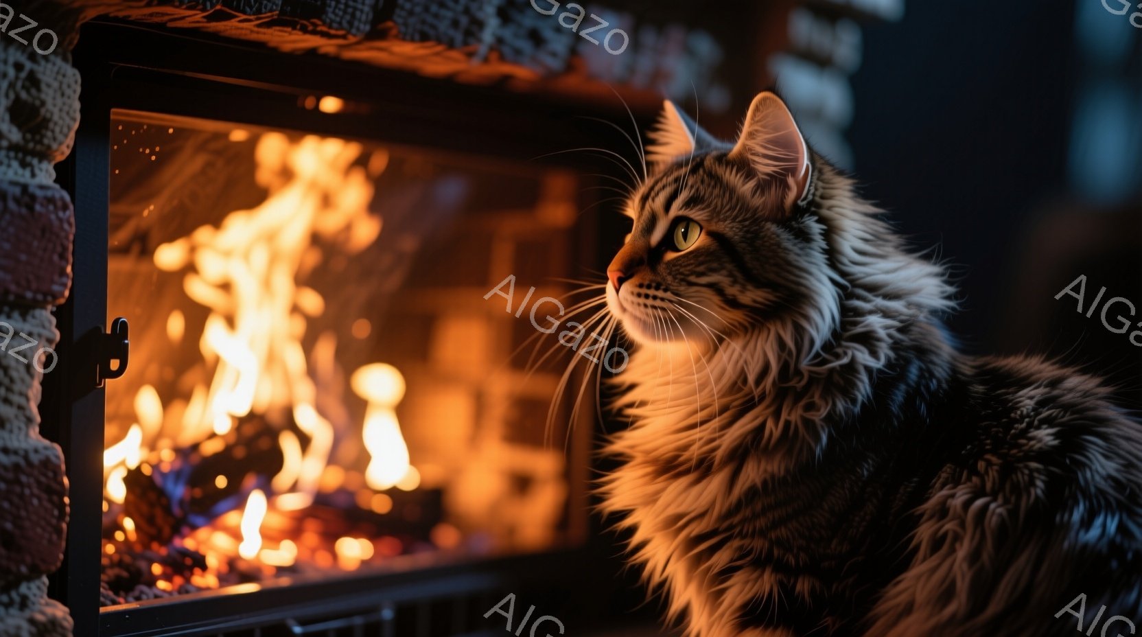 長毛の猫が暖炉のそばでリラックスした様子が捉えられています。猫は暗い毛並みで、オレンジ色の炎の光がその毛並みを照らし、その表情は穏やかで、どこか遠くを見つめているようです。暖炉のレンガの壁と燃え盛る炎が、暖かく居心地の良い雰囲気を醸し出しています。