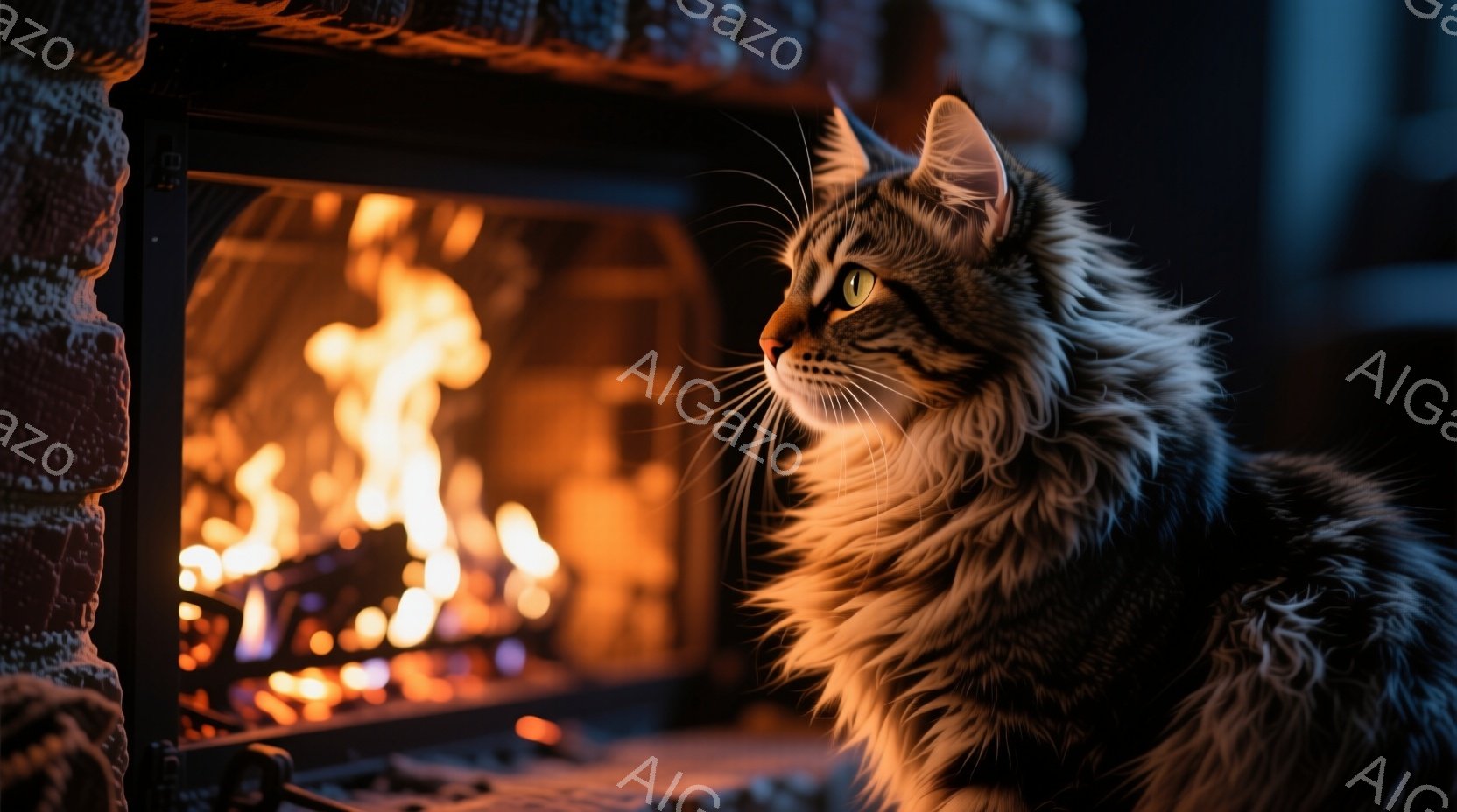 長毛の猫が暖炉のそばでリラックスしています。猫は深い灰色の毛並みで、緑色の瞳が光っています。暖炉の中では炎が燃え盛っており、猫の毛並みに暖かな光を当てています。