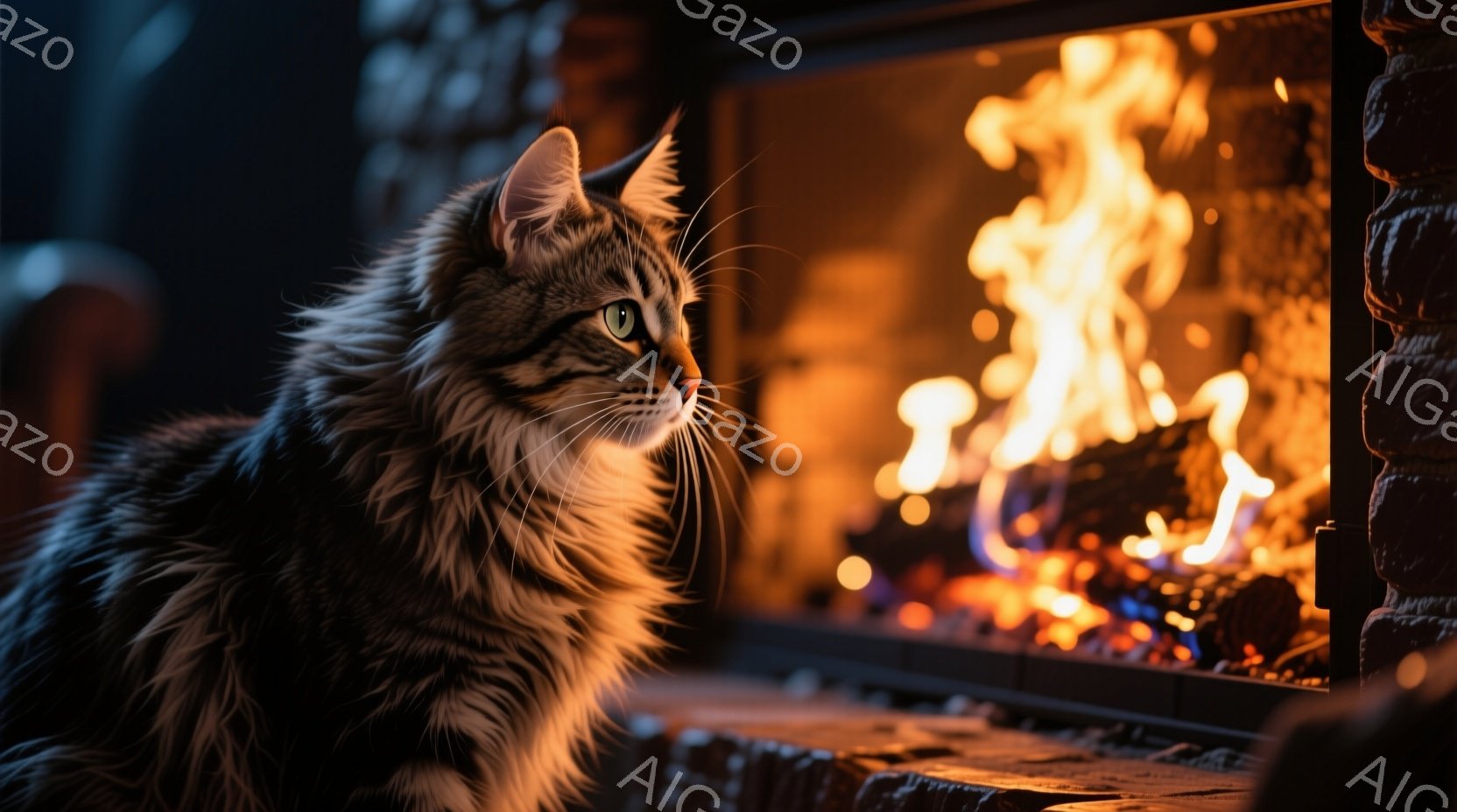 長毛の猫が暖炉の前に座り、何かをじっと見つめています。猫は濃い茶色と黒の縞模様で、ふさふさとした毛並みが特徴的です。暖炉の中では炎が燃え盛り、暖かく心地よい雰囲気を作り出しています。 - AI生成フリー素材
