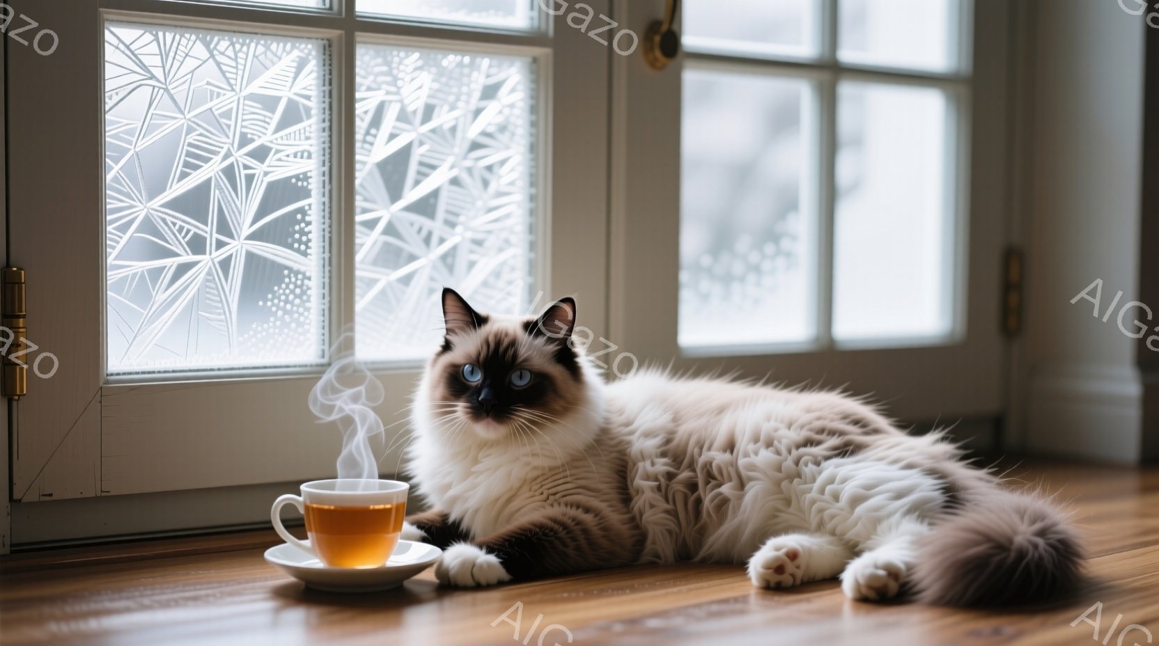 長毛の白と茶色の猫が、窓のそばの木の床に横たわっています。猫は青い目を持ち、リラックスした表情で、まるで温かいお茶を気にしているかのようです。背景には霜で覆われた窓があり、冬の穏やかな雰囲気を醸し出し - AI生成フリー素材