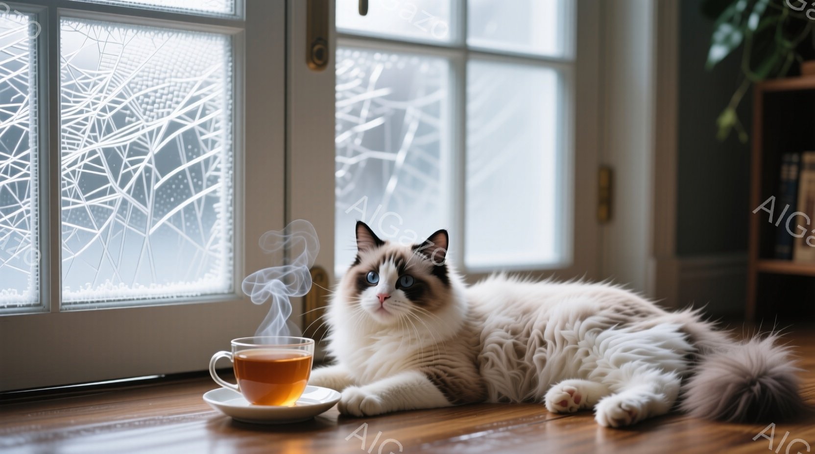 白と茶色の美しいラグドール猫が、木の床に横たわっています。猫の隣には、湯気が立ち上る緑色のティーカップとソーサーが置かれており、窓の外には霜が降りた景色が見えます。全体的に、暖かく穏やかな、冬の午後の雰囲気が漂っています。