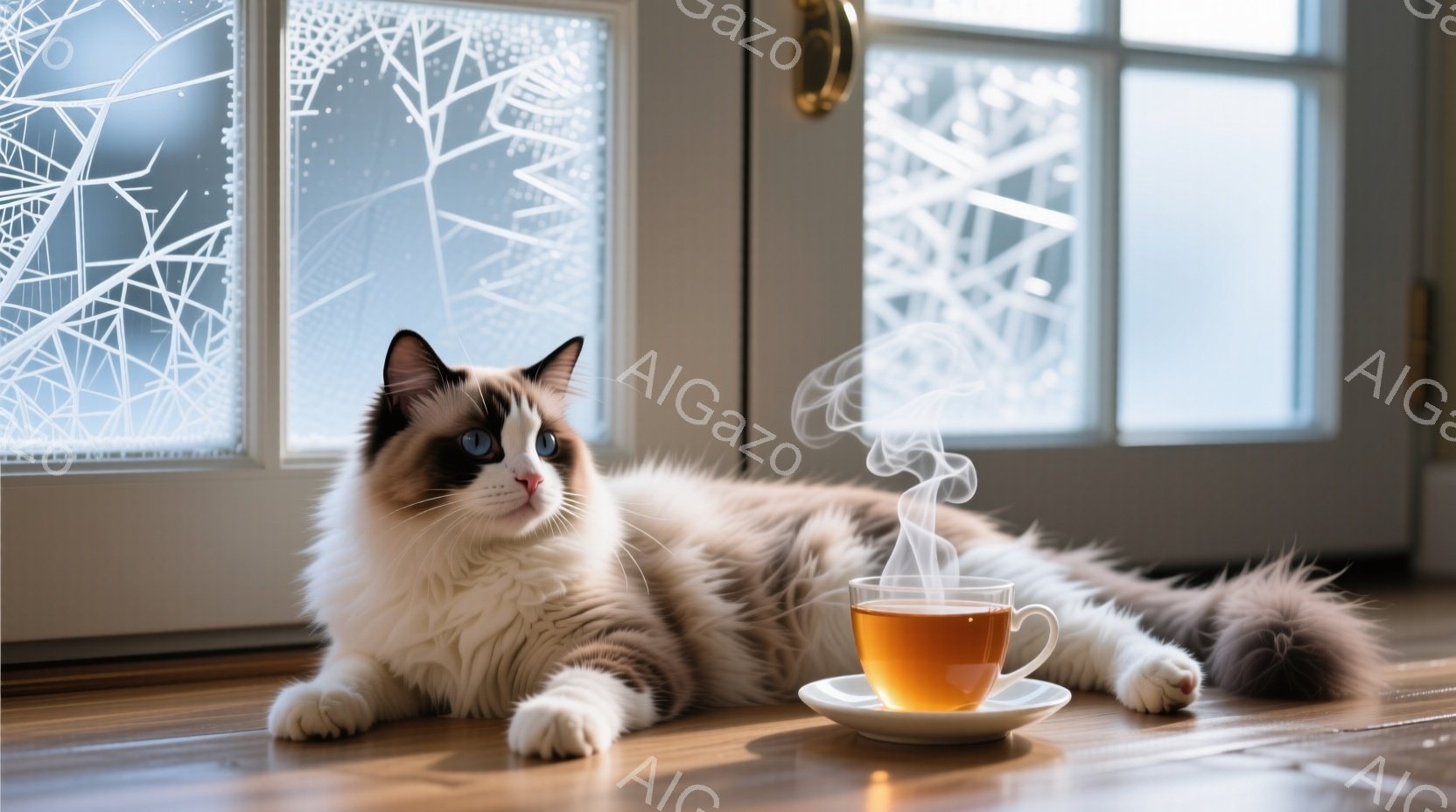 白と茶色の毛並みが美しい、ブルーアイのラグドール猫が、木の床の上でゆったりと横たわっています。猫の隣には、湯気が立ち上る温かいお茶が入ったカップとソーサーが置かれており、冬の日の暖かな午後の雰囲気を醸し出しています。背景には霜で覆われた窓があり、居心地の良い室内とのコントラストを描いています。