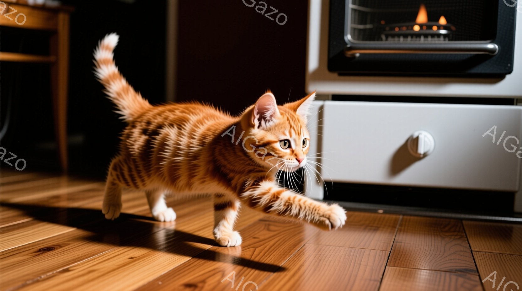 鮮やかなオレンジ色の縞模様の猫が、木製の床の上を活発に駆け出そうとしています。前脚を伸ばし、背中を丸め、好奇心と遊び心に満ちた表情をしています。背景には、白の暖炉があり、ほのかな光が灯っており、温かく - AI生成フリー素材