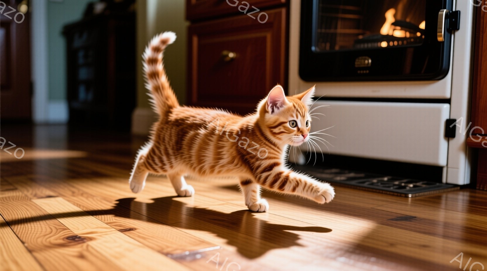 明るい木製の床の上を、オレンジ色の縞模様の小さな子猫が活発に歩いている。子猫は前足を伸ばし、遊び心に満ちた表情で、まるで狩りでもするように身軽に動き回っている。背景には白いストーブが見え、暖かい家庭的 - AI生成フリー素材