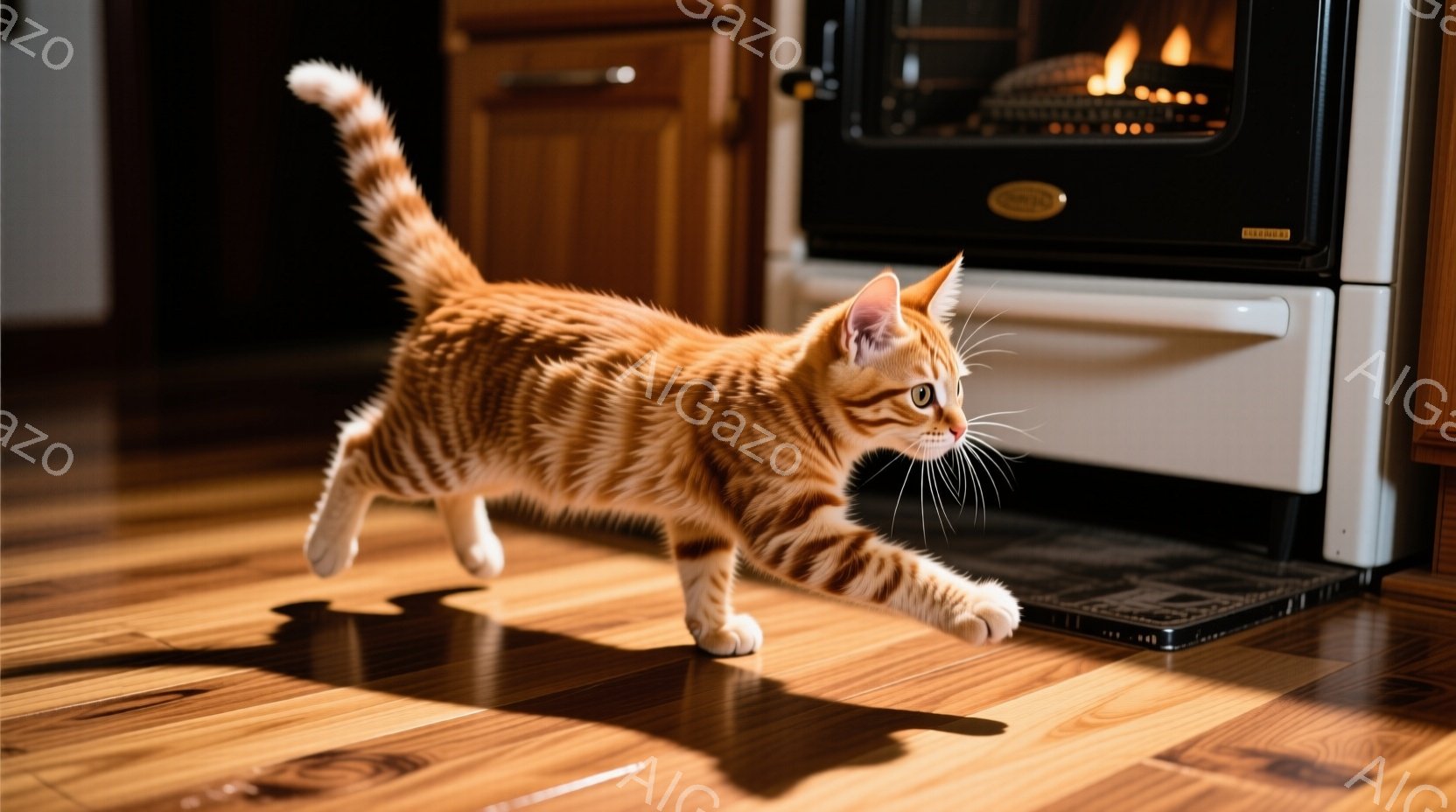 明るい茶色の縞模様の猫が、磨かれた木の床の上を活発に歩いています。猫は前足を伸ばし、遊び心のある姿勢で動き回っています。背景には、暖炉と茶色のキャビネットがあり、全体的に暖かく居心地の良い雰囲気です。