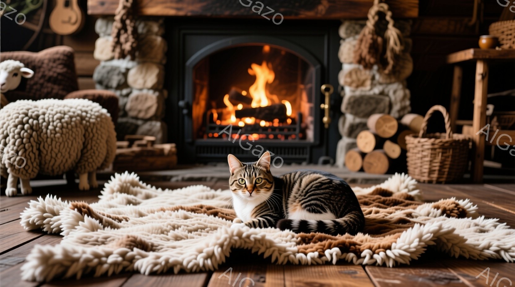 縞模様の猫が、フワフワとしたベージュ色のラグの上に座ってこちらを見つめています。背景には石造りの暖炉があり、炎が燃え盛っています。木製の床と壁、そして背景にぼんやりと見える羊の置物が、温かく素朴な雰囲 - AI生成フリー素材