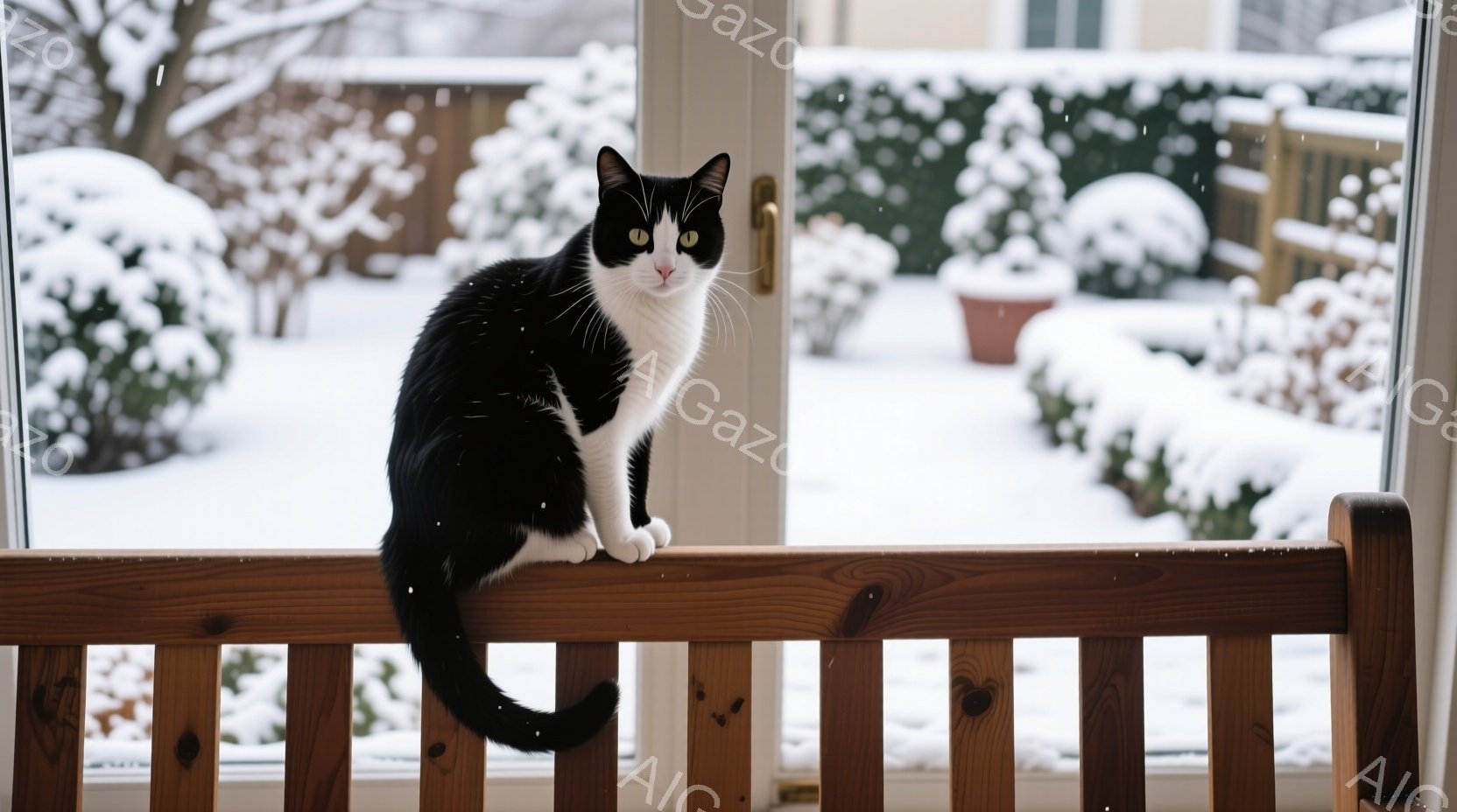 白と黒の猫が、窓枠の上で優雅に座っています。外は雪景色で、庭の木々や植物が真っ白に覆われ、冬の静けさが感じられます。猫は正面を向き、澄んだ瞳でこちらを見つめており、どこか余裕のある表情をしています。