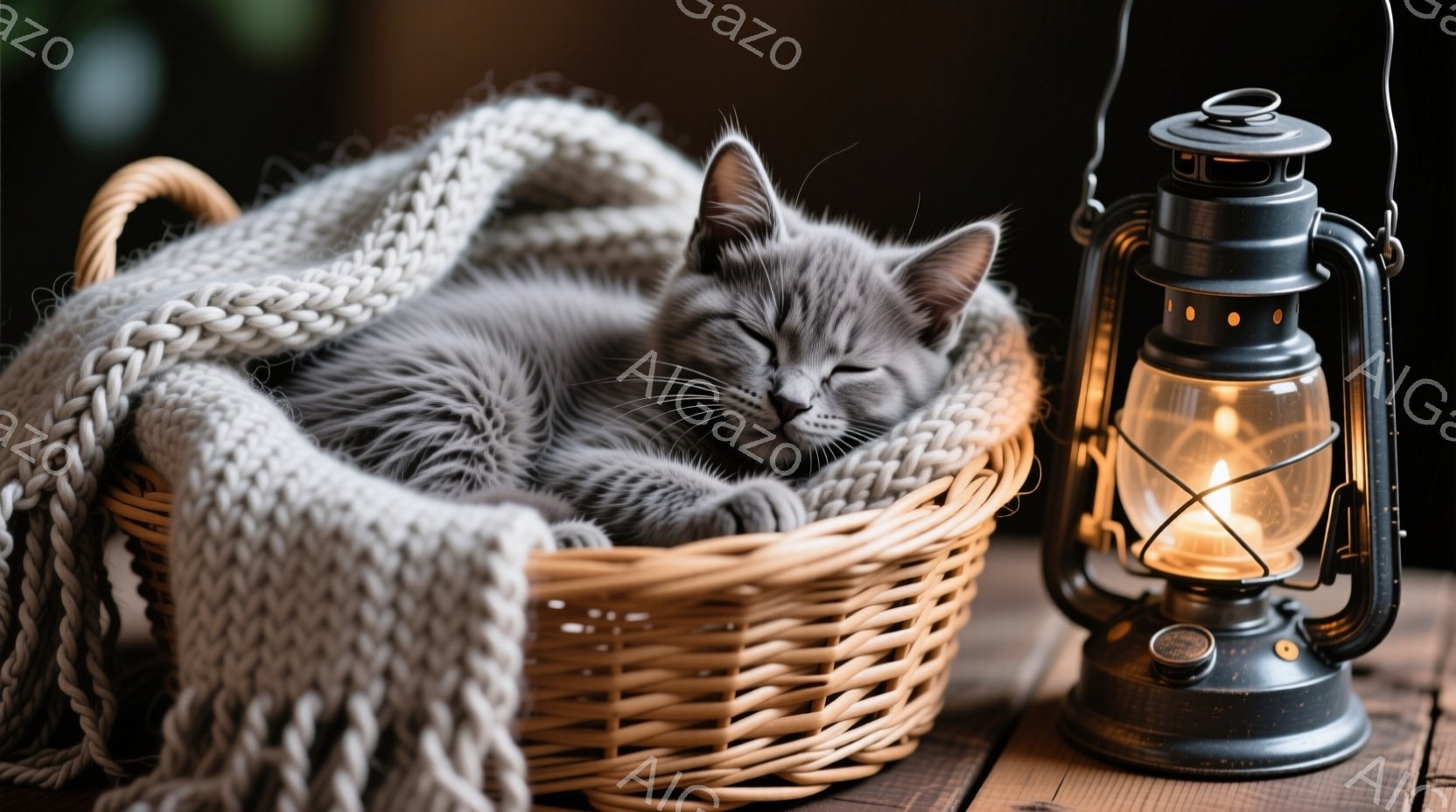 柔らかい毛布に包まれた灰色の小さな猫が、籐の籠の中で丸まって眠っています。背景には木製のテーブルがあり、隣には灯油ランプが置かれ、温かく落ち着いた雰囲気を醸し出しています。全体的に、安らぎと穏やかさを - AI生成フリー素材