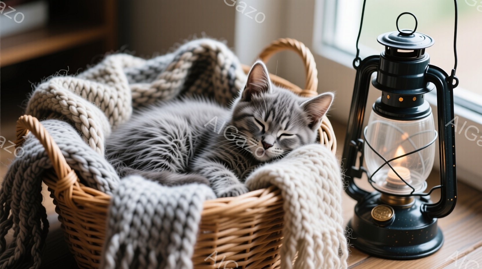 籠の中に、クリーム色の柔らかいニットブランケットにくるまれた灰色の小さな子猫が丸まって眠っています。子猫は目を閉じ、穏やかな表情を浮かべてリラックスしています。背景には木製のテーブルと窓が見え、そばに - AI生成フリー素材