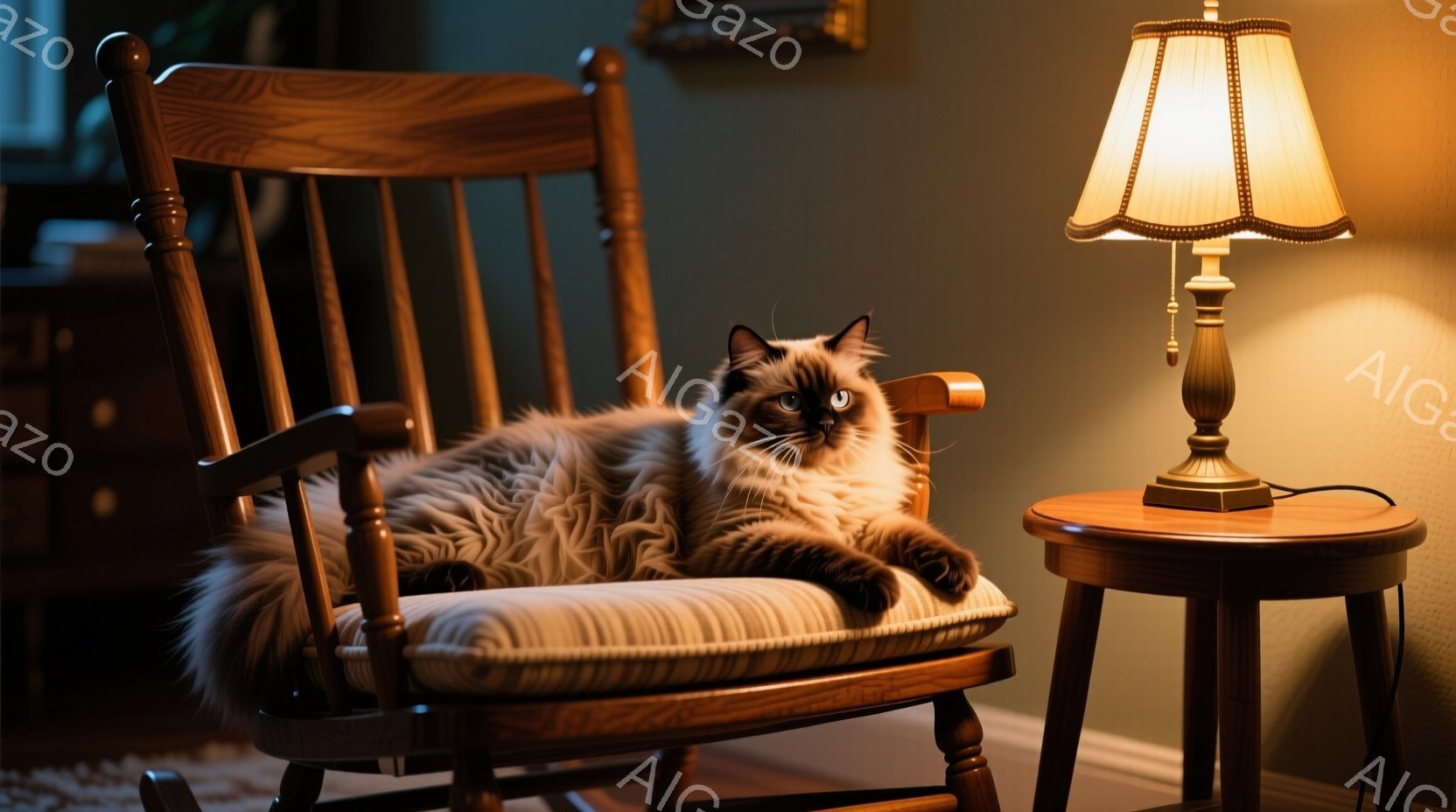 豪華な長毛の猫が、縞模様のクッションが敷かれたロッキングチェアにゆったりと横たわっています。背景には暖色のサイドテーブルとランプがあり、全体的に穏やかでリラックスした雰囲気が漂っています。猫の毛並みは - AI生成フリー素材
